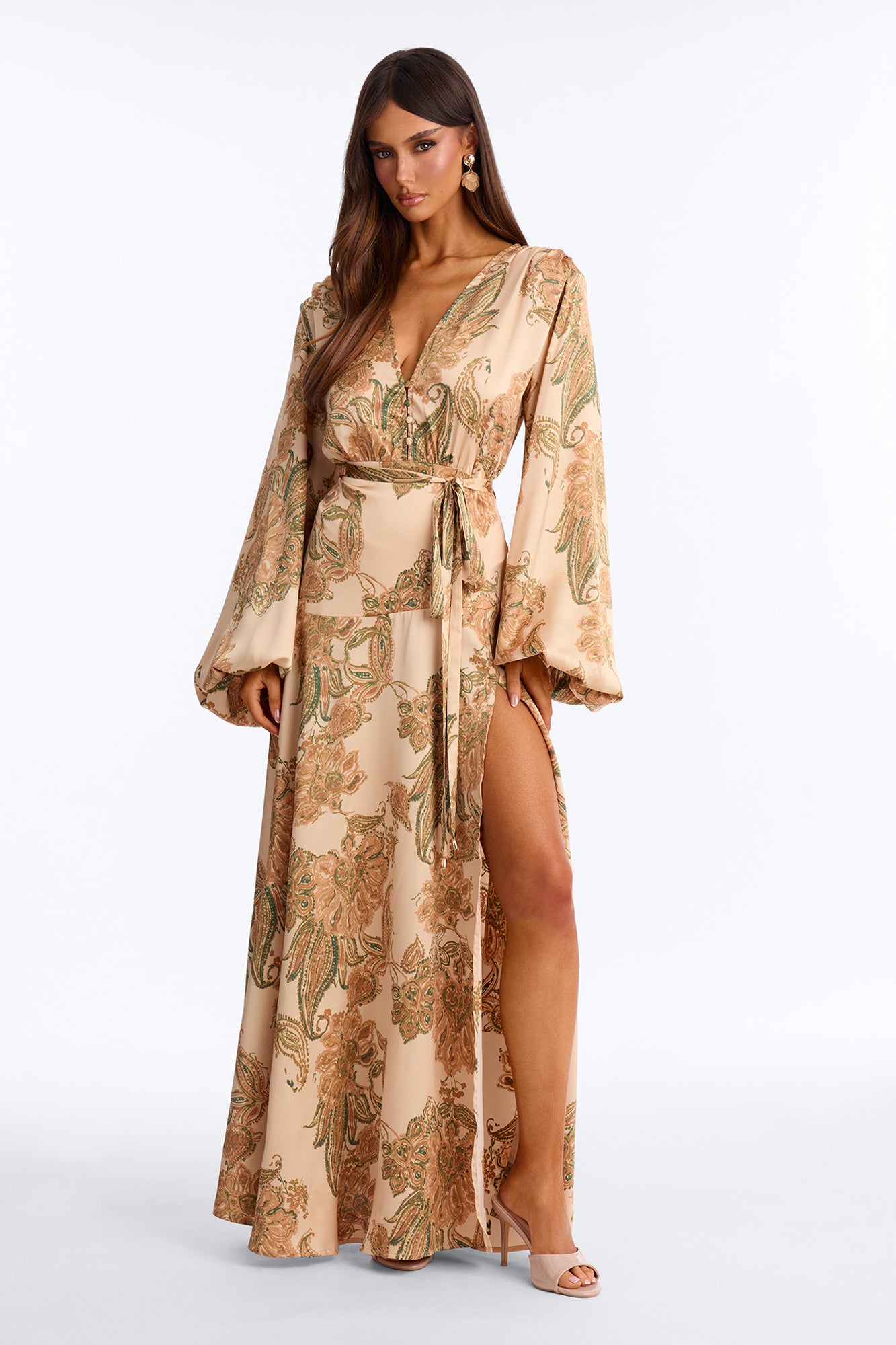 Golden Hour Long Sleeve Satin Maxi Dress - Peach/combo