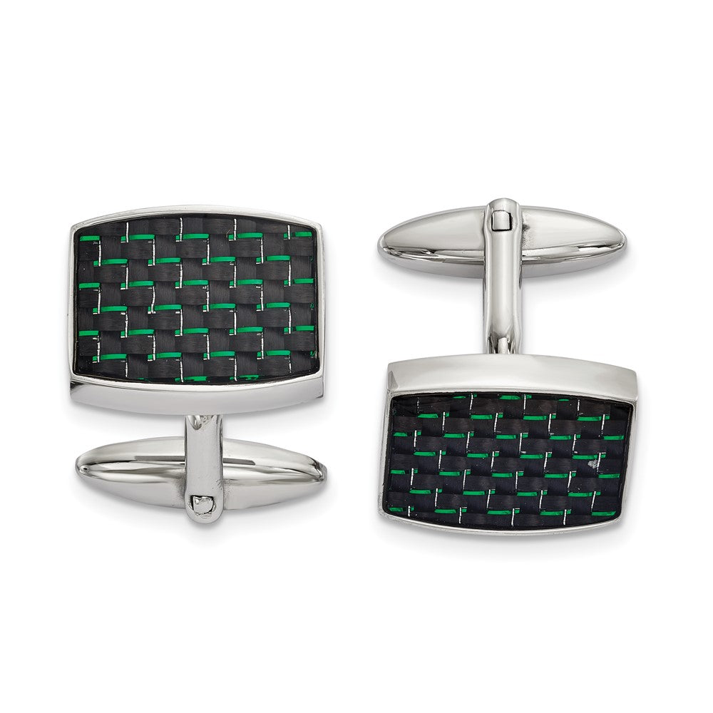Stainless Steel, Blk & Green Carbon Fiber Rectangle Cuff Links 19x14mm