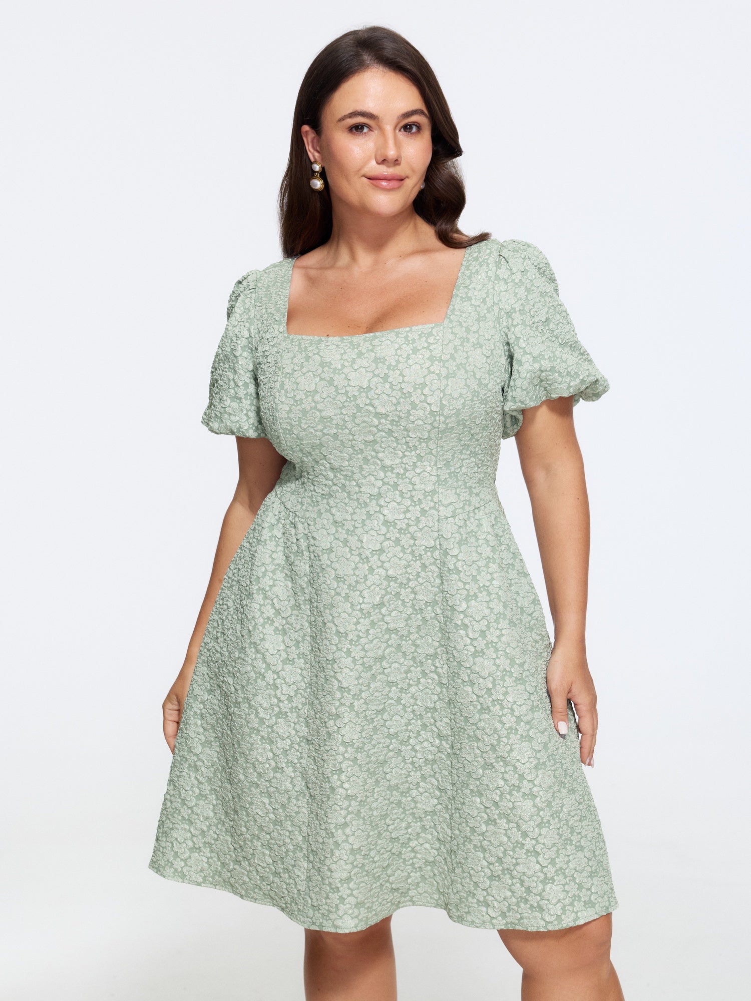 Textured Floral Jacquard Puff Sleeve Mini Dress