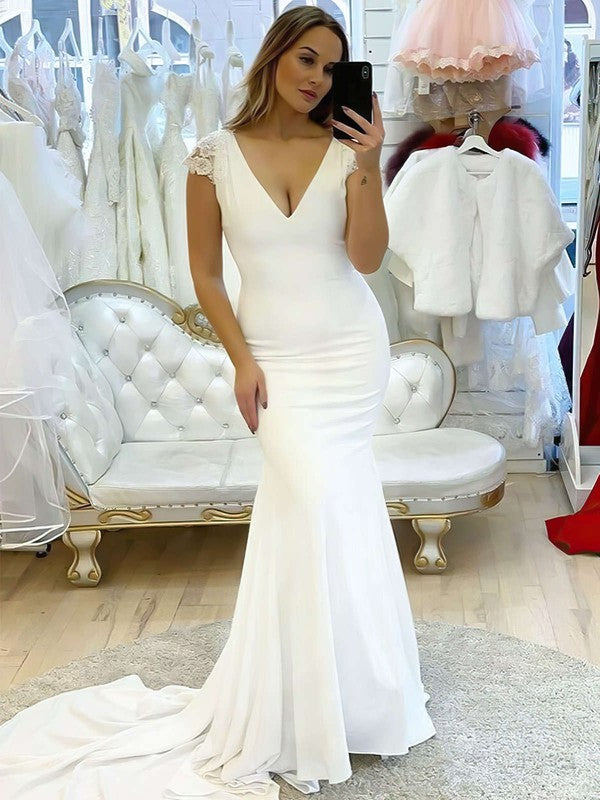 Glamorous Capped V-Neck Stretch Satin Mermaid Wedding Dresses with Court Train