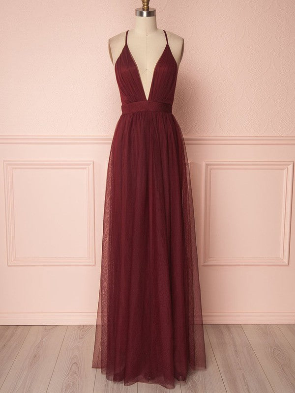 Fabulous A-Line Deep V-Neck Tulle Floor-Length Bridesmaid Dresses with Sash