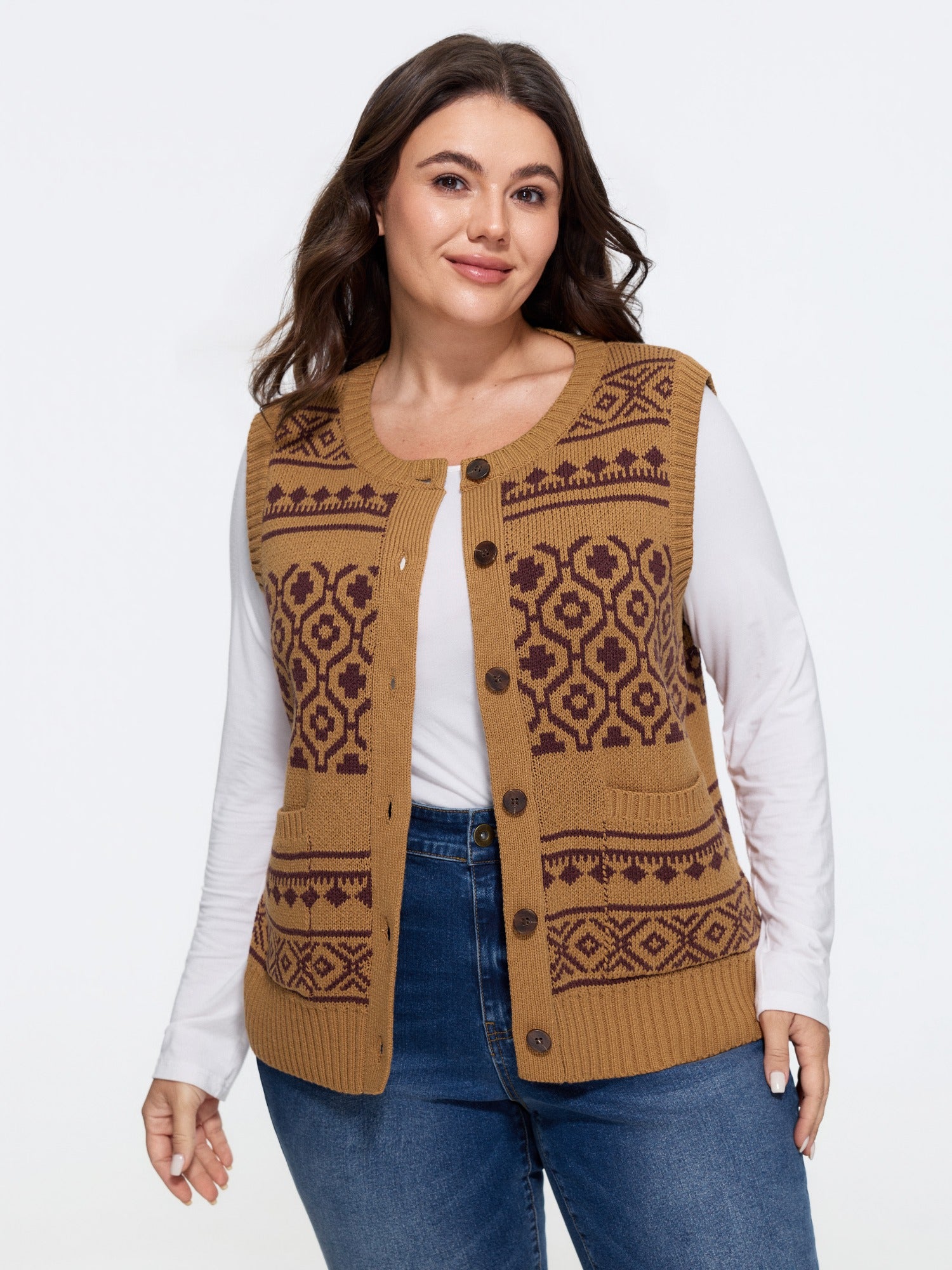 Vintage Geometric Jacquard Button Front Sweater Vest