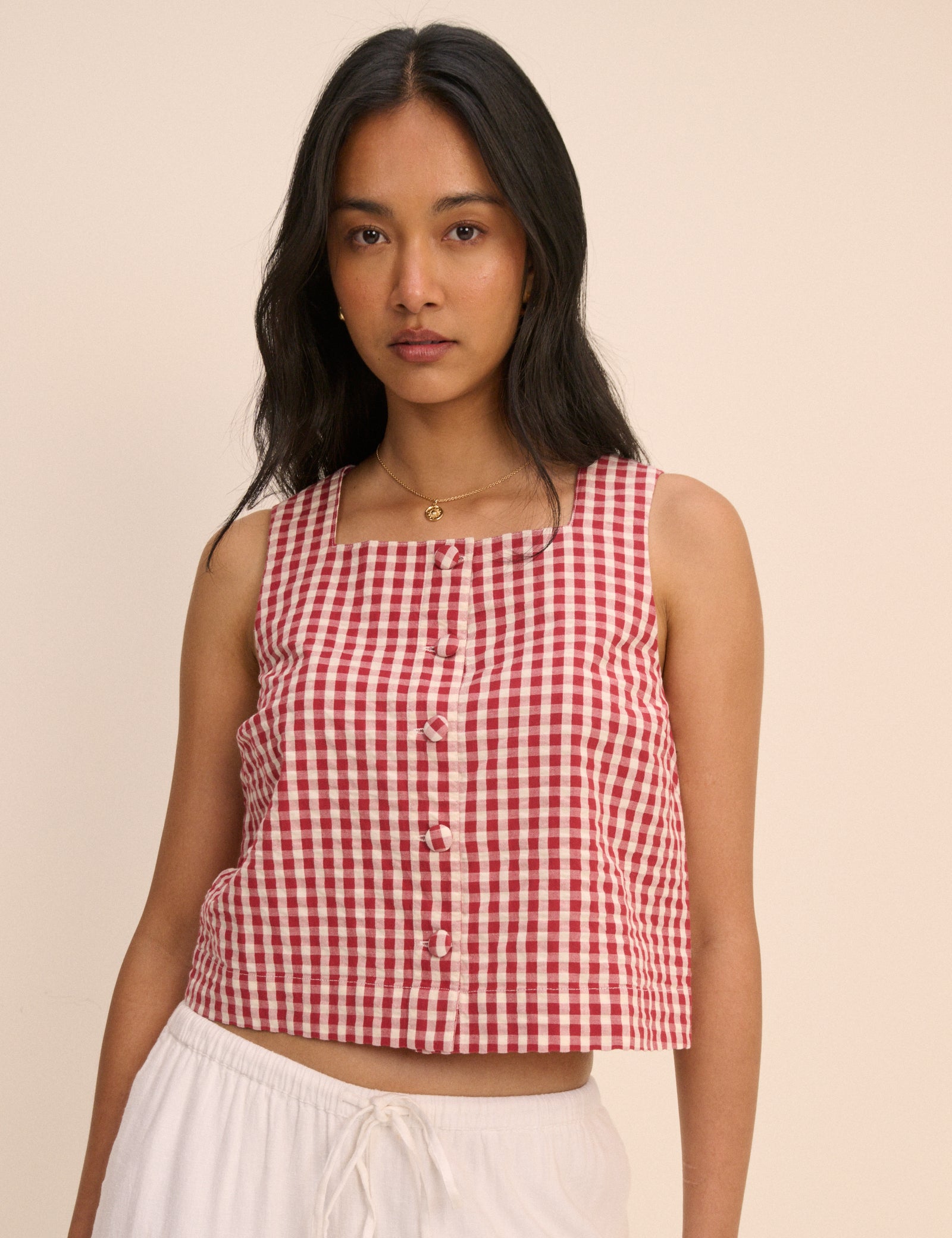Red Gingham Button Front Top