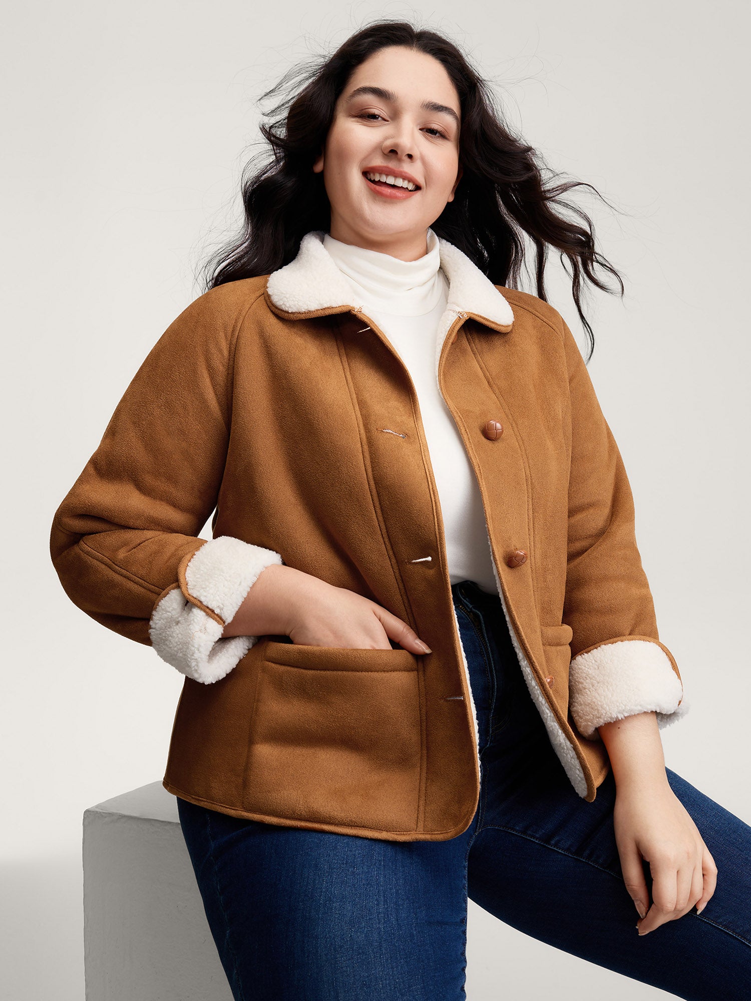 Fluffy Contrast Buttons Quilted Coat
