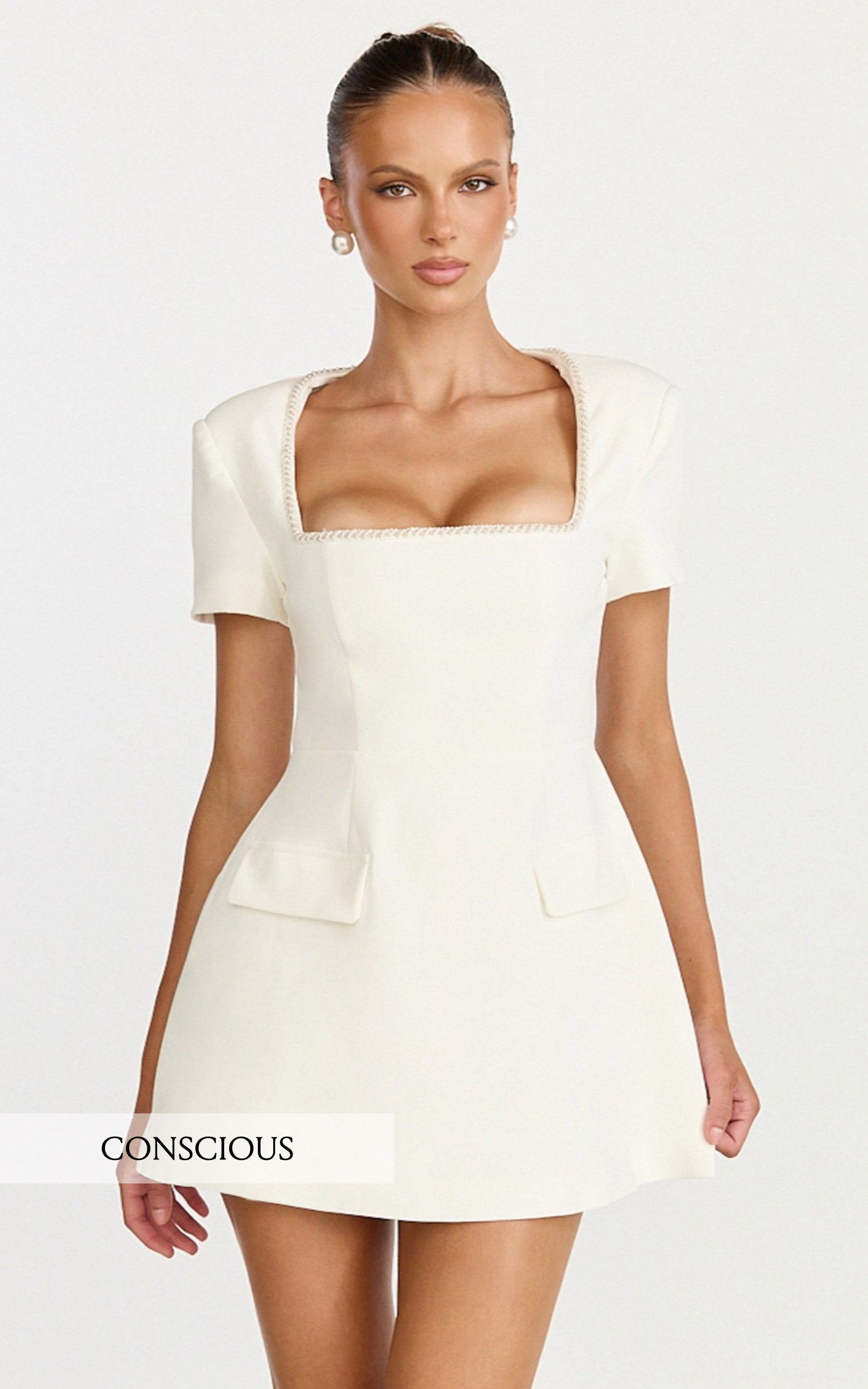 Nakita Mini Dress - Short Sleeve Pearl Trim Square Neck Tulip Dress in White
