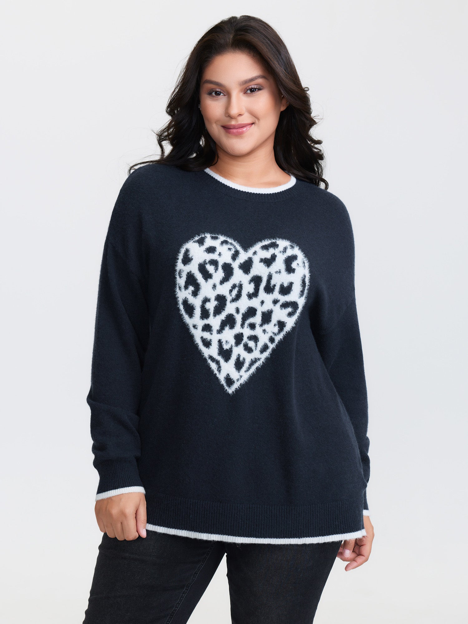 Leopard Heart Fluffy Texture Pullover