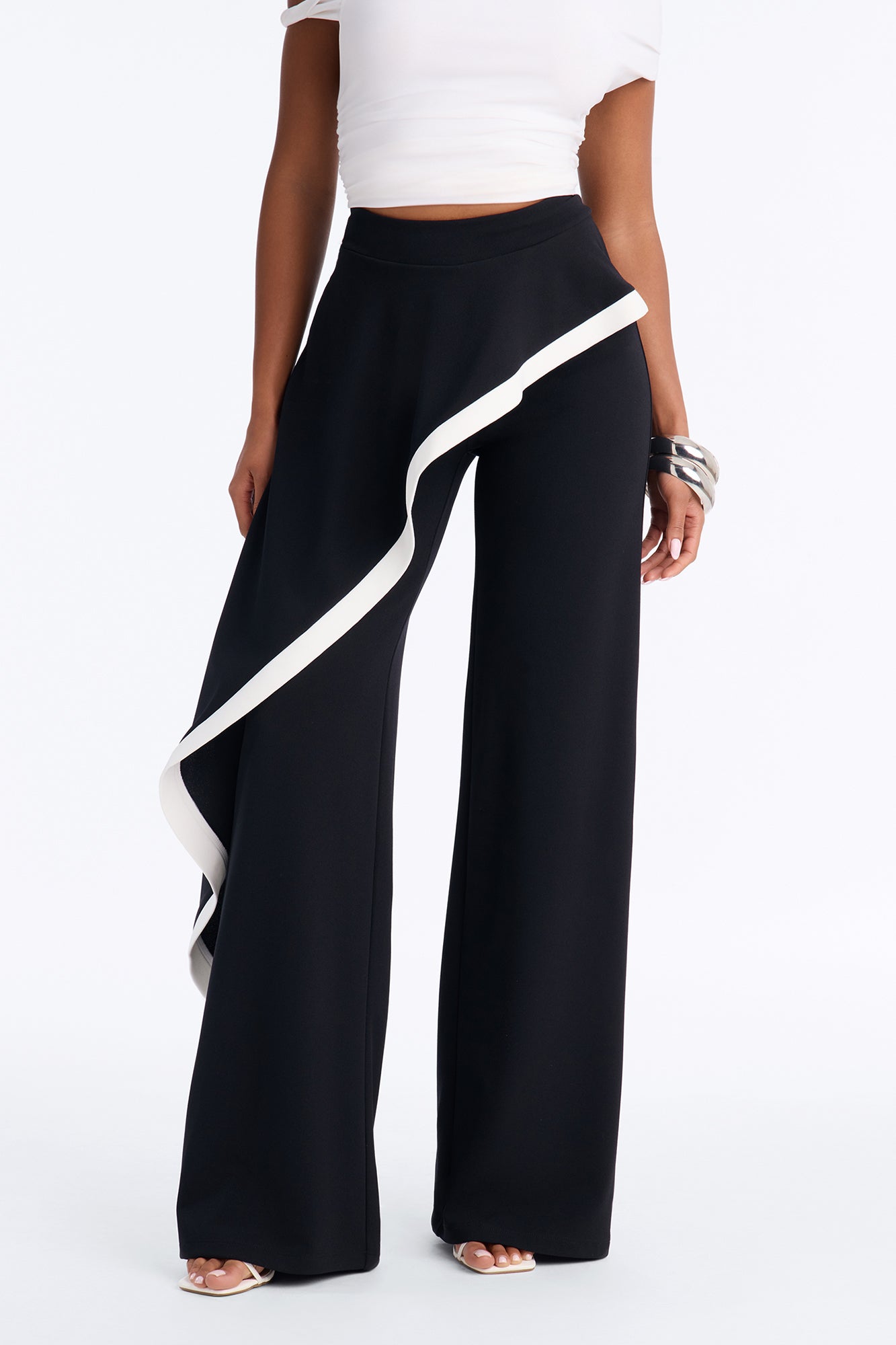 Maeve High Rise Asymmetrical Ruffle Trouser - Black/combo