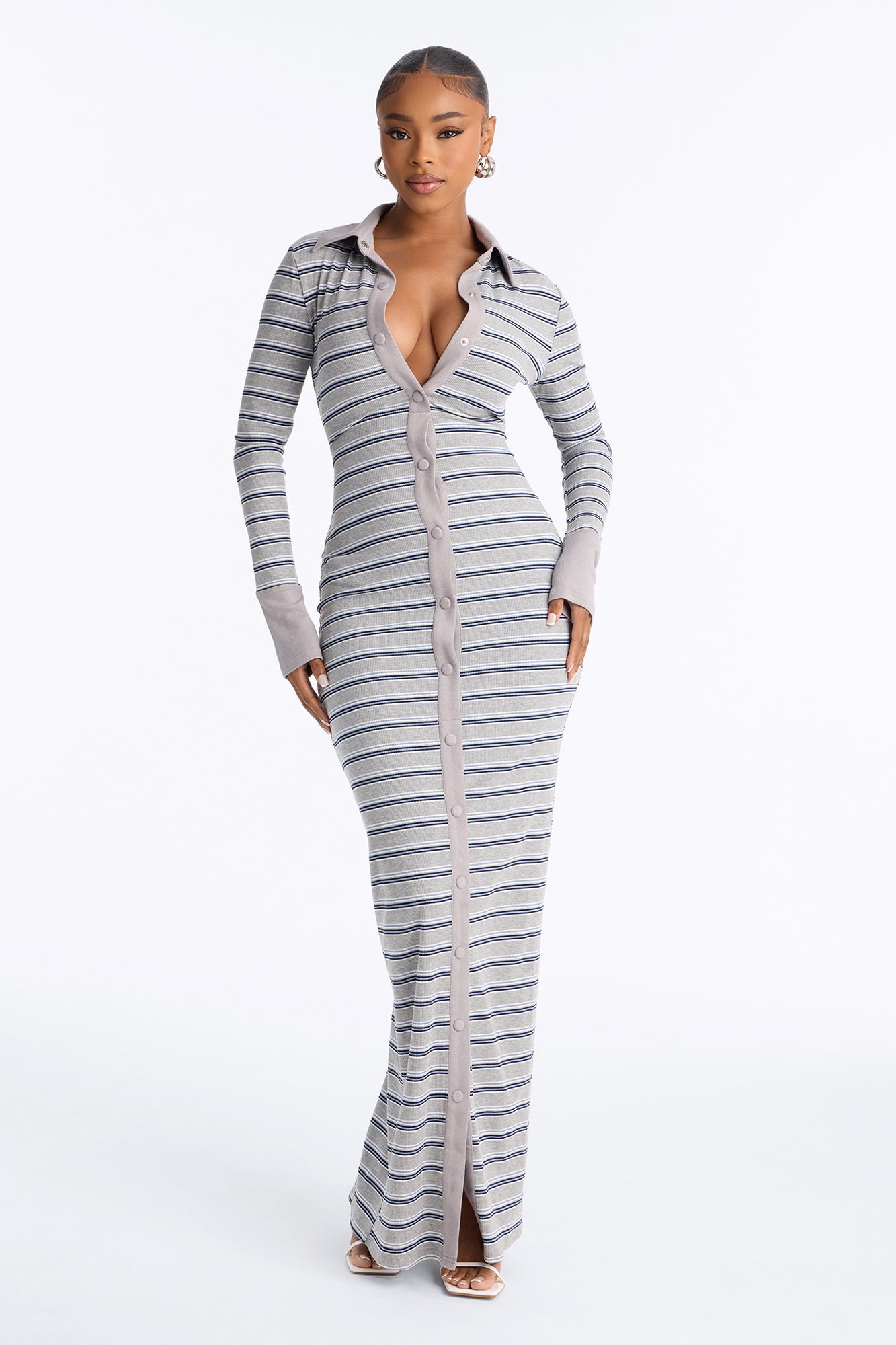 Mireya Striped Ribbed Maxi Dress - Grey/combo