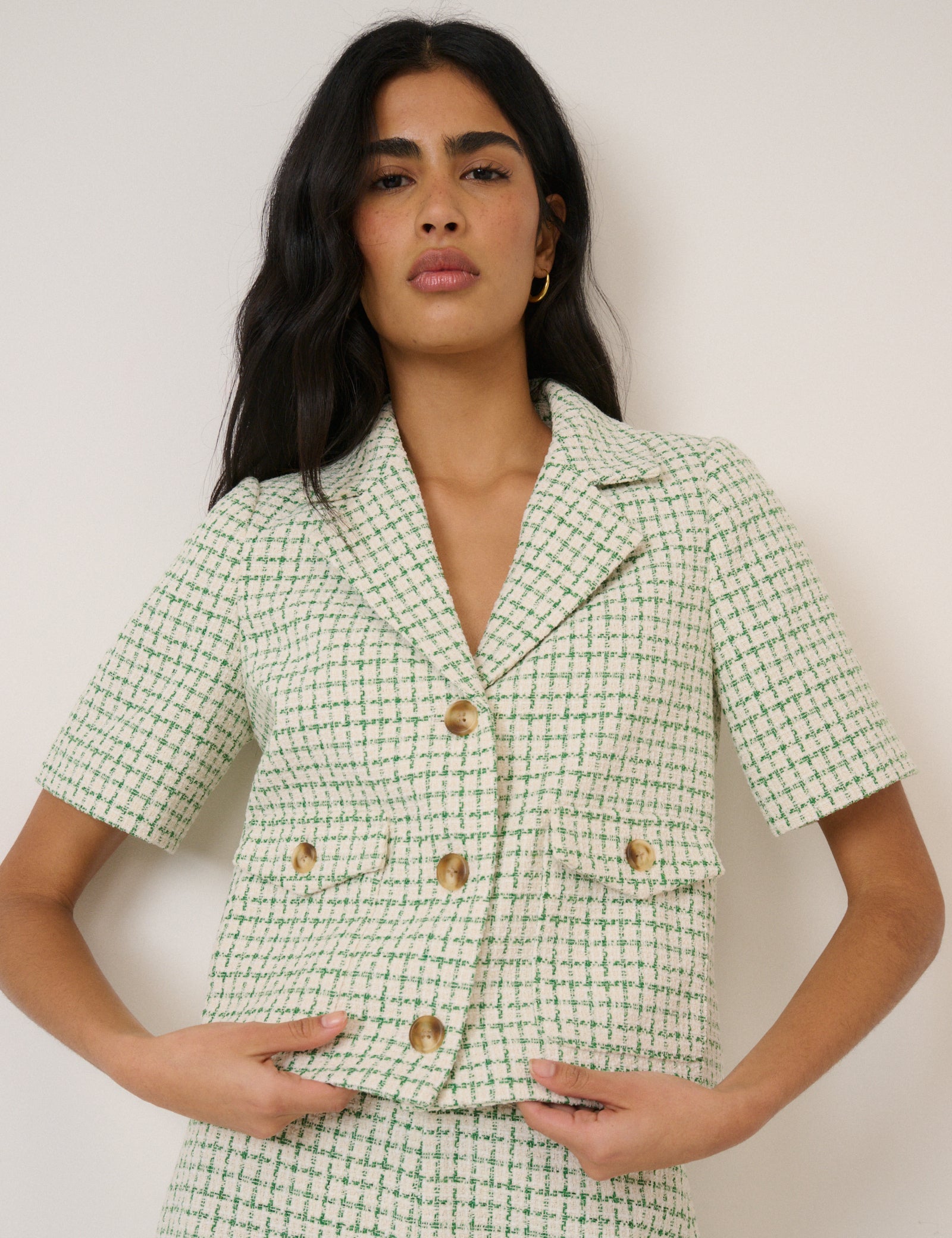 Green Check Short Sleeve Boucle Jacket