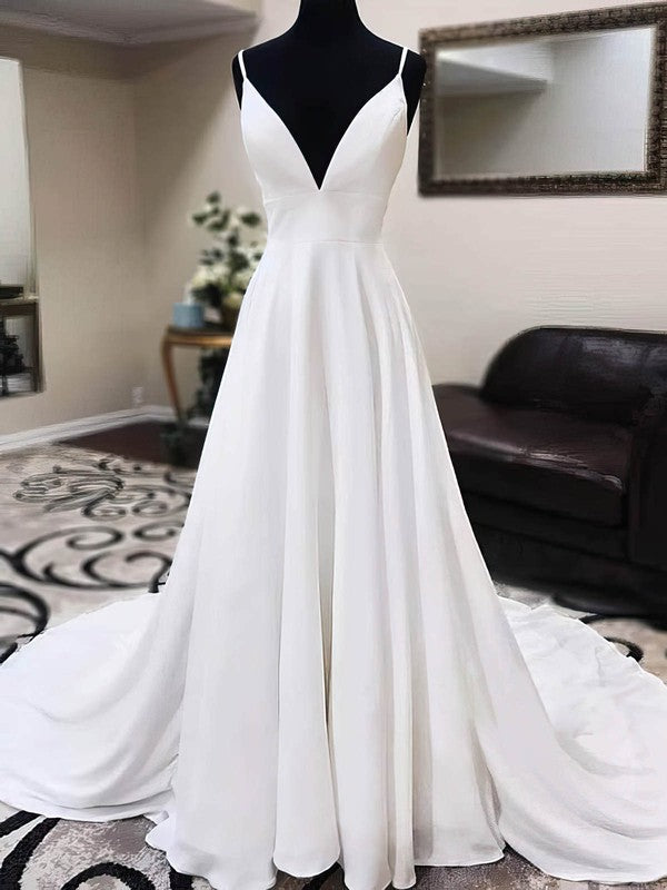Stylish A-Line V-Neck Spaghetti Straps Chiffon Lace Wedding Dresses