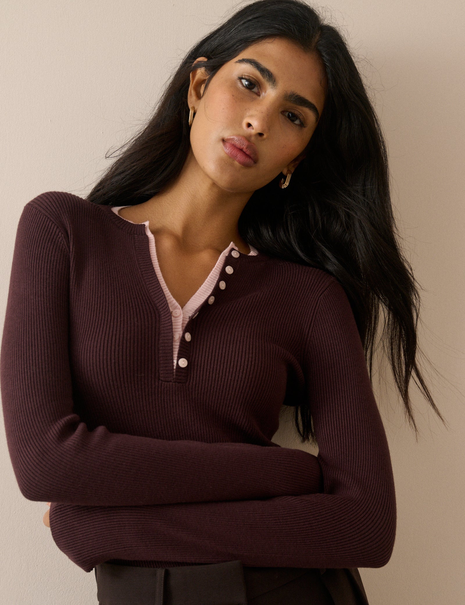 Chocolate Brown Double Layer Rib Henley Top