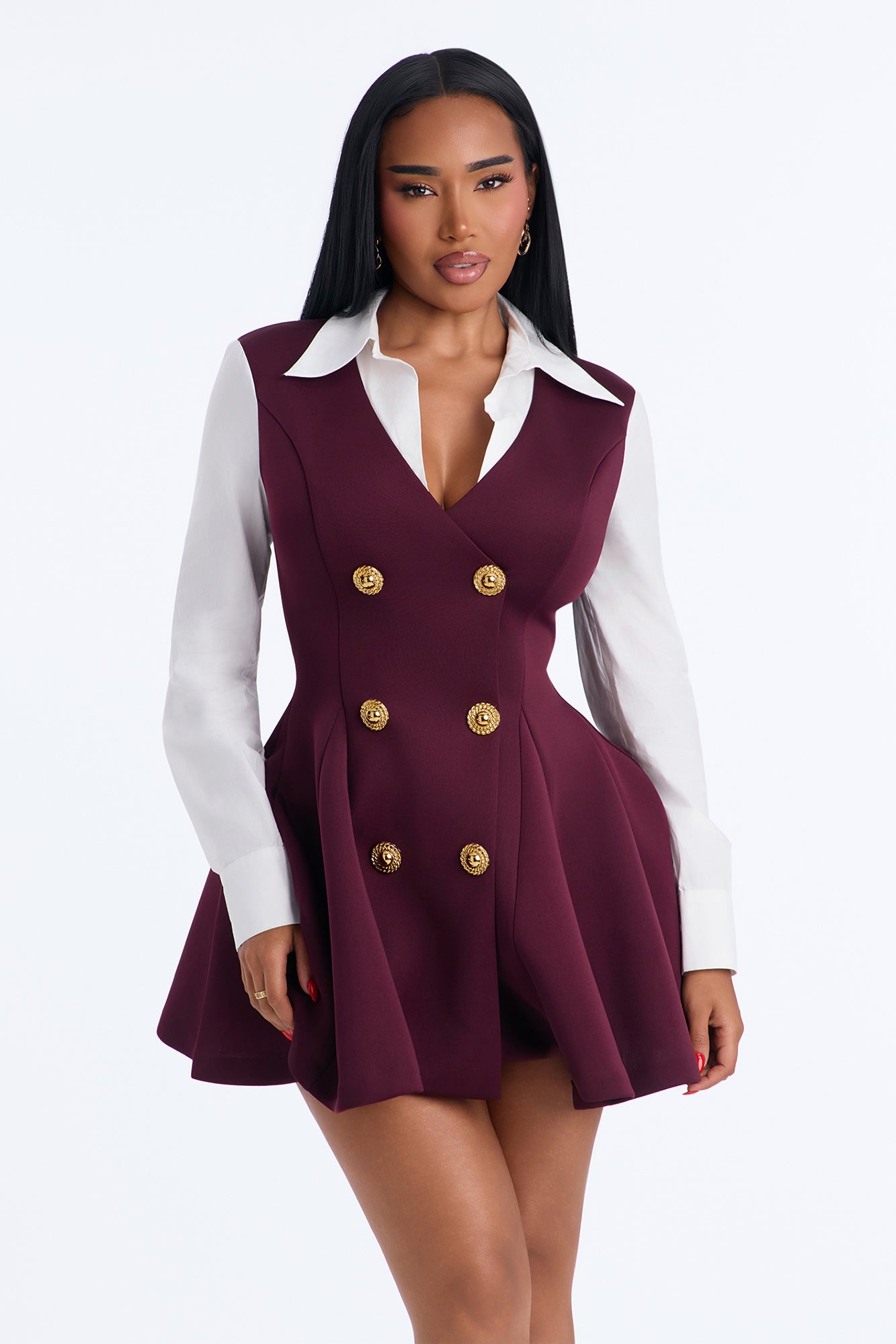 Queen Looks Pleated Long Sleeve Mini Dress - Plum
