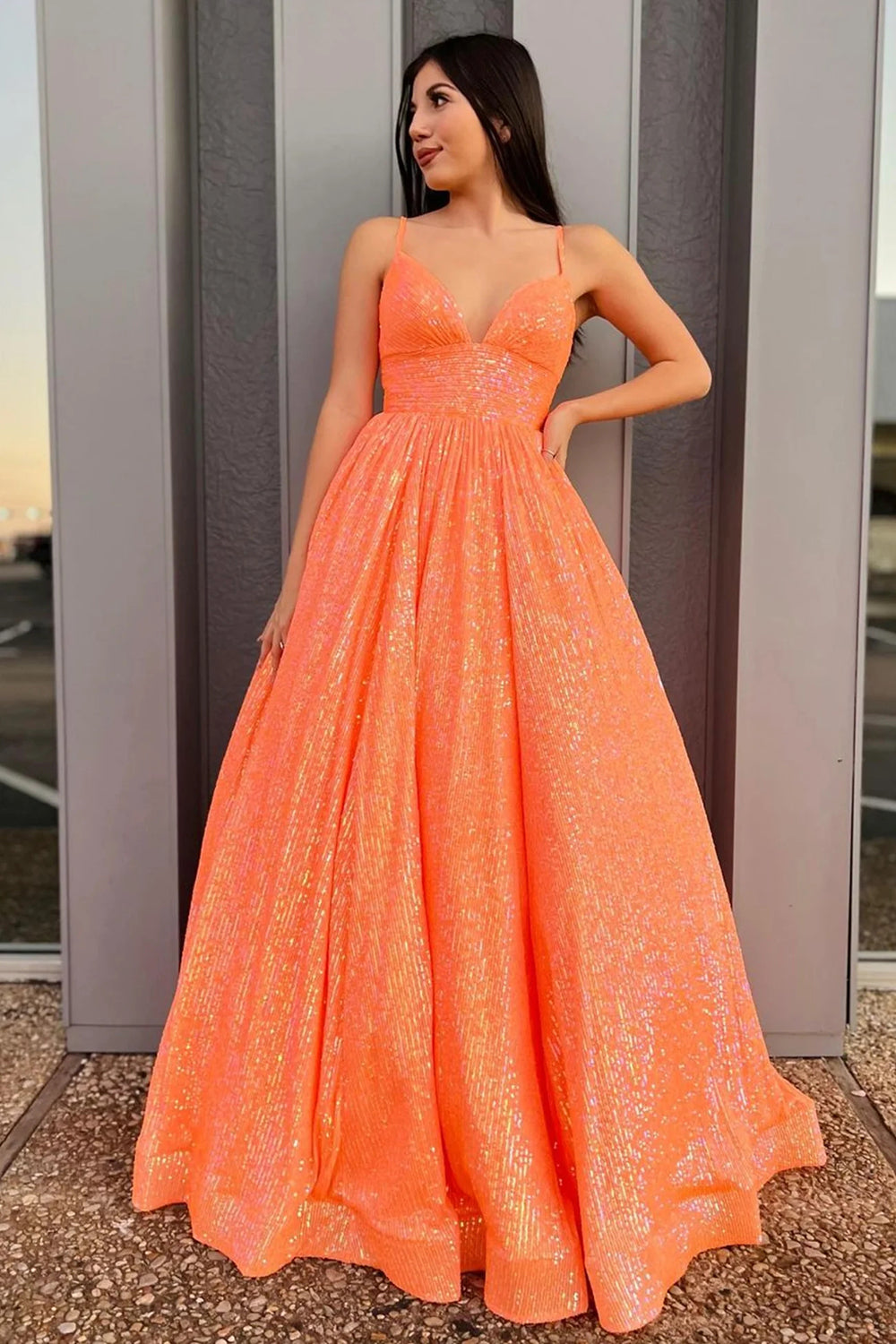 Long Orange Sequined Prom Dress with Spaghetti Straps in A-Line Style