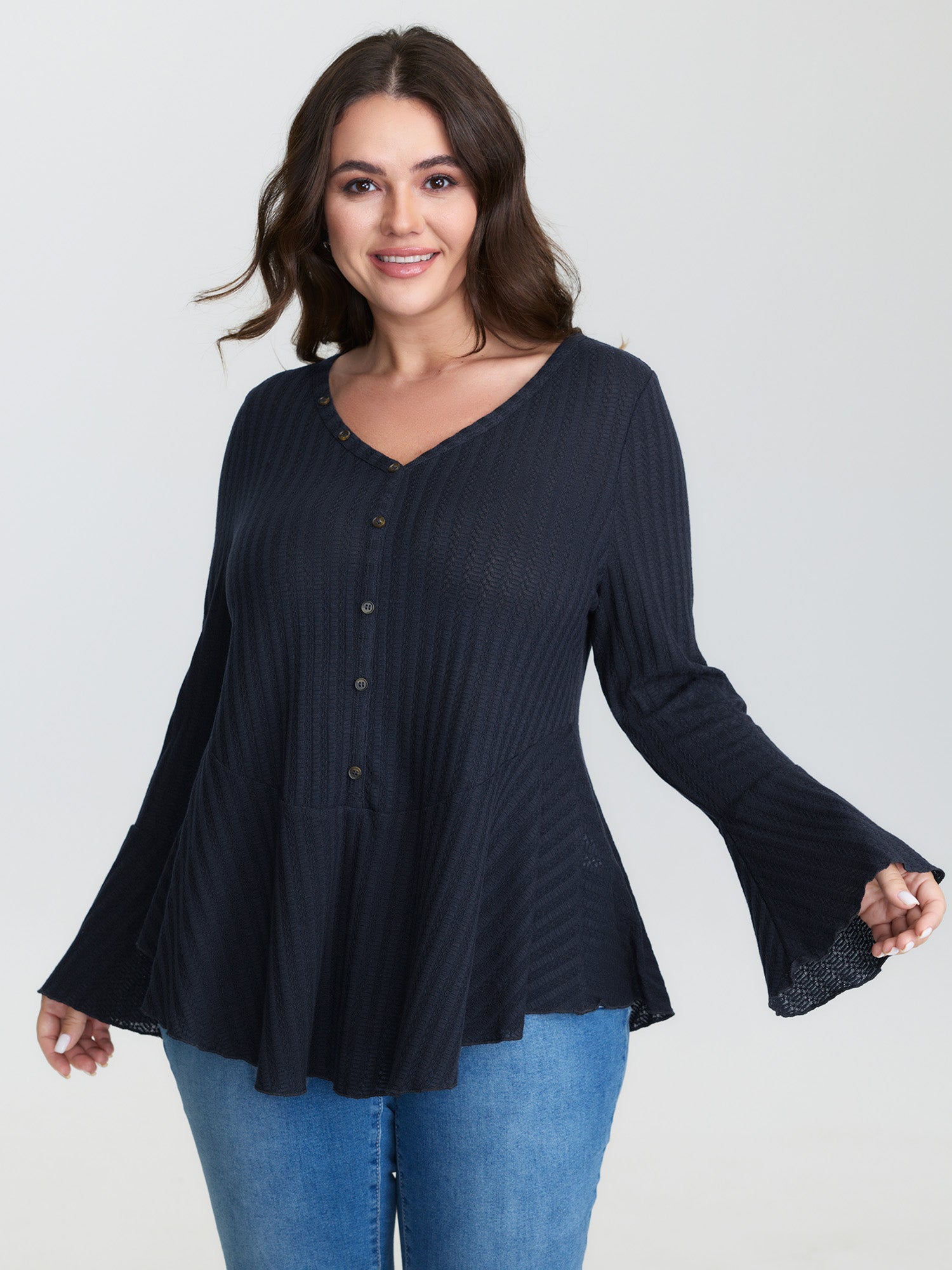 Waffle Textured Lotuf Leaf Hem Knit Top