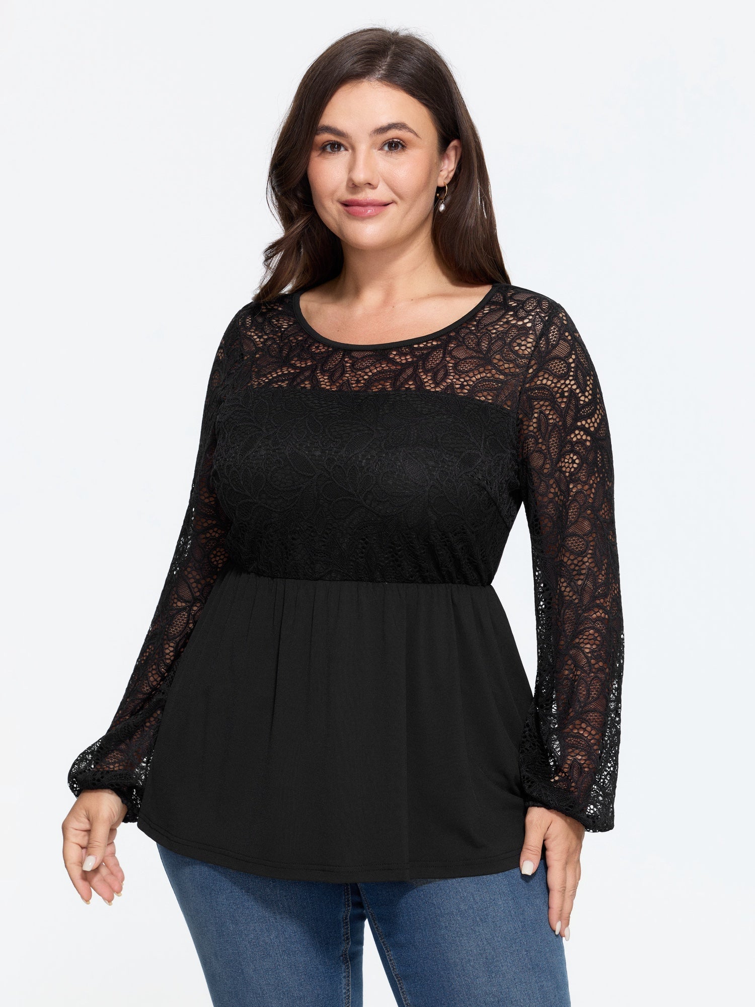 Round Neck Lace Yoke Babydoll Top
