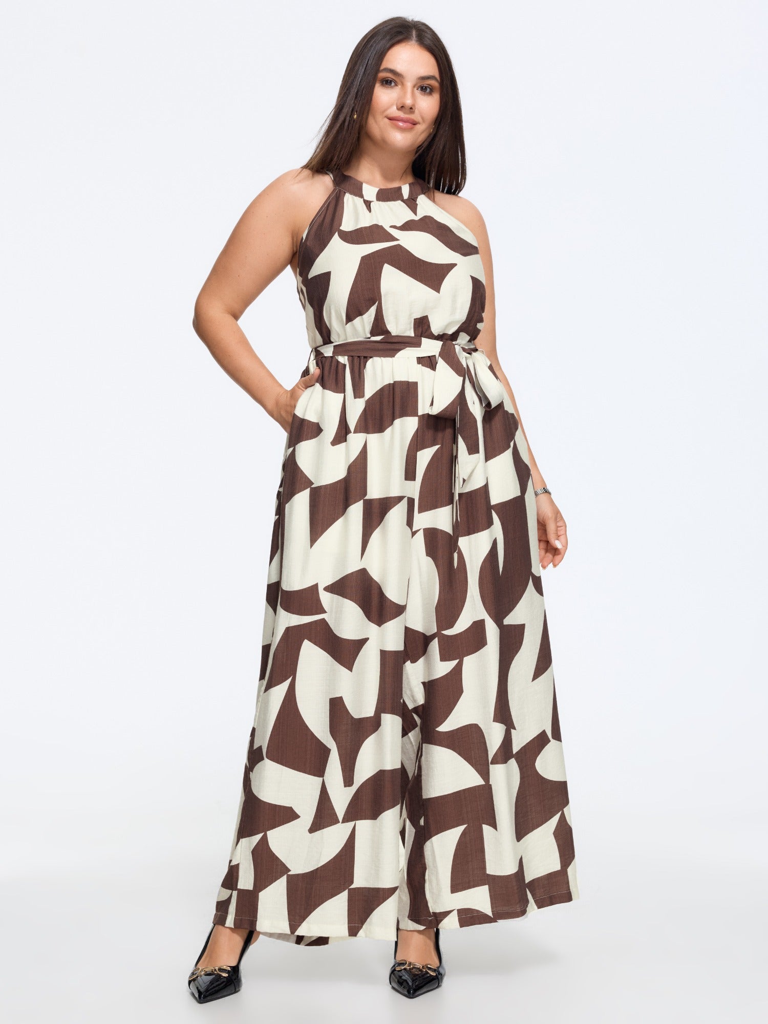 Geometric Print Halter Neck Tie Waist Wide Leg Jumpsuit