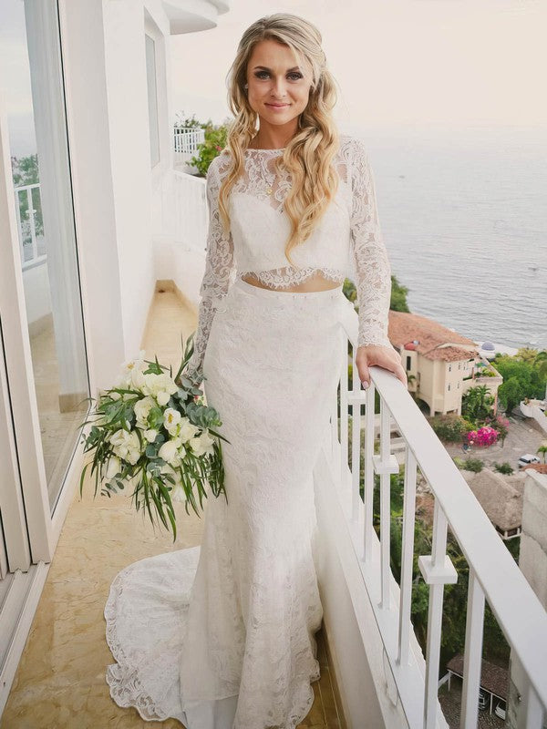 Chic Two-Piece Bateau Long Sleeves Mermaid Lace Wedding Dresses with Buttons