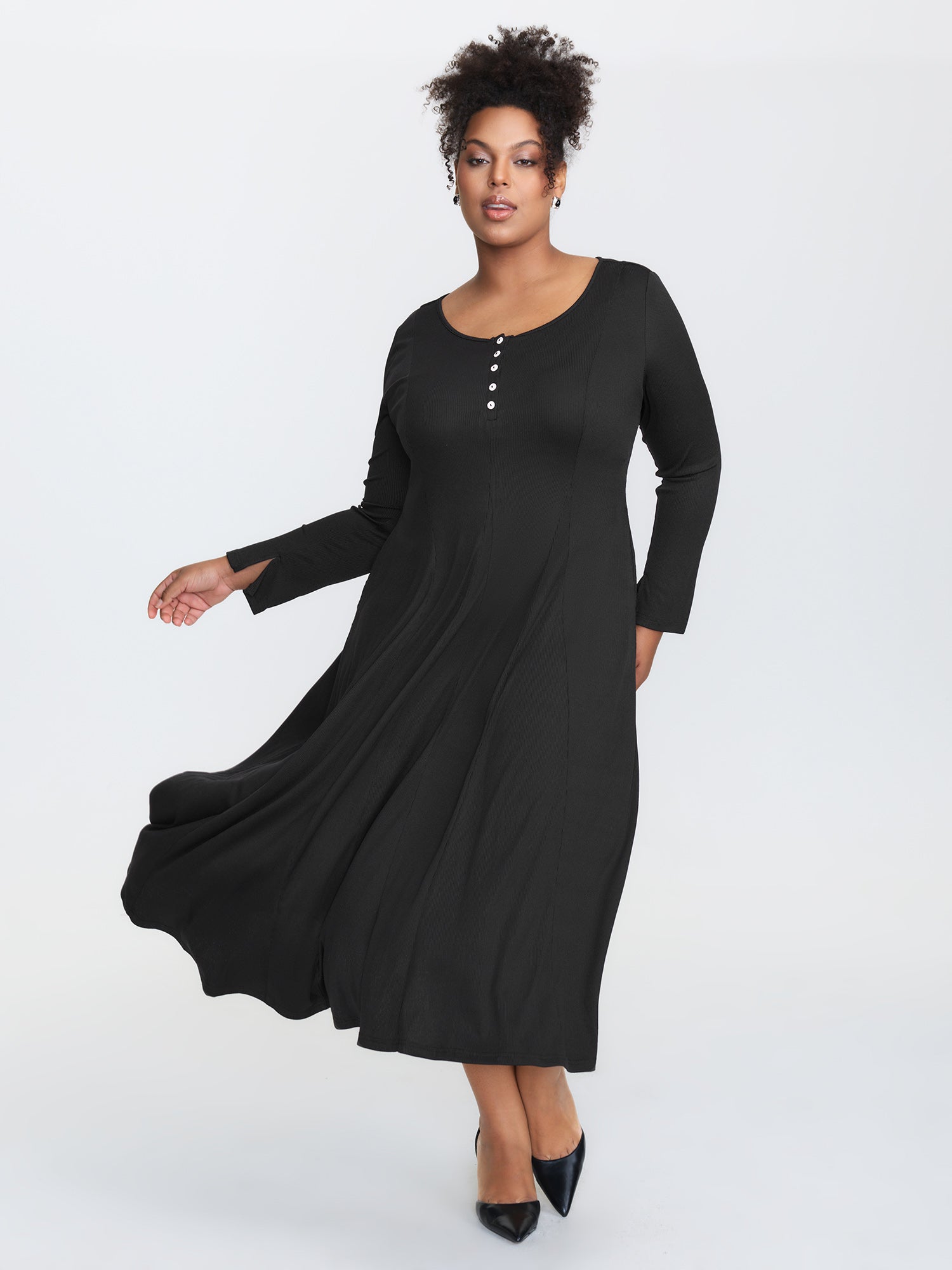 Ribbed Button Placket Pockets Midi Dress