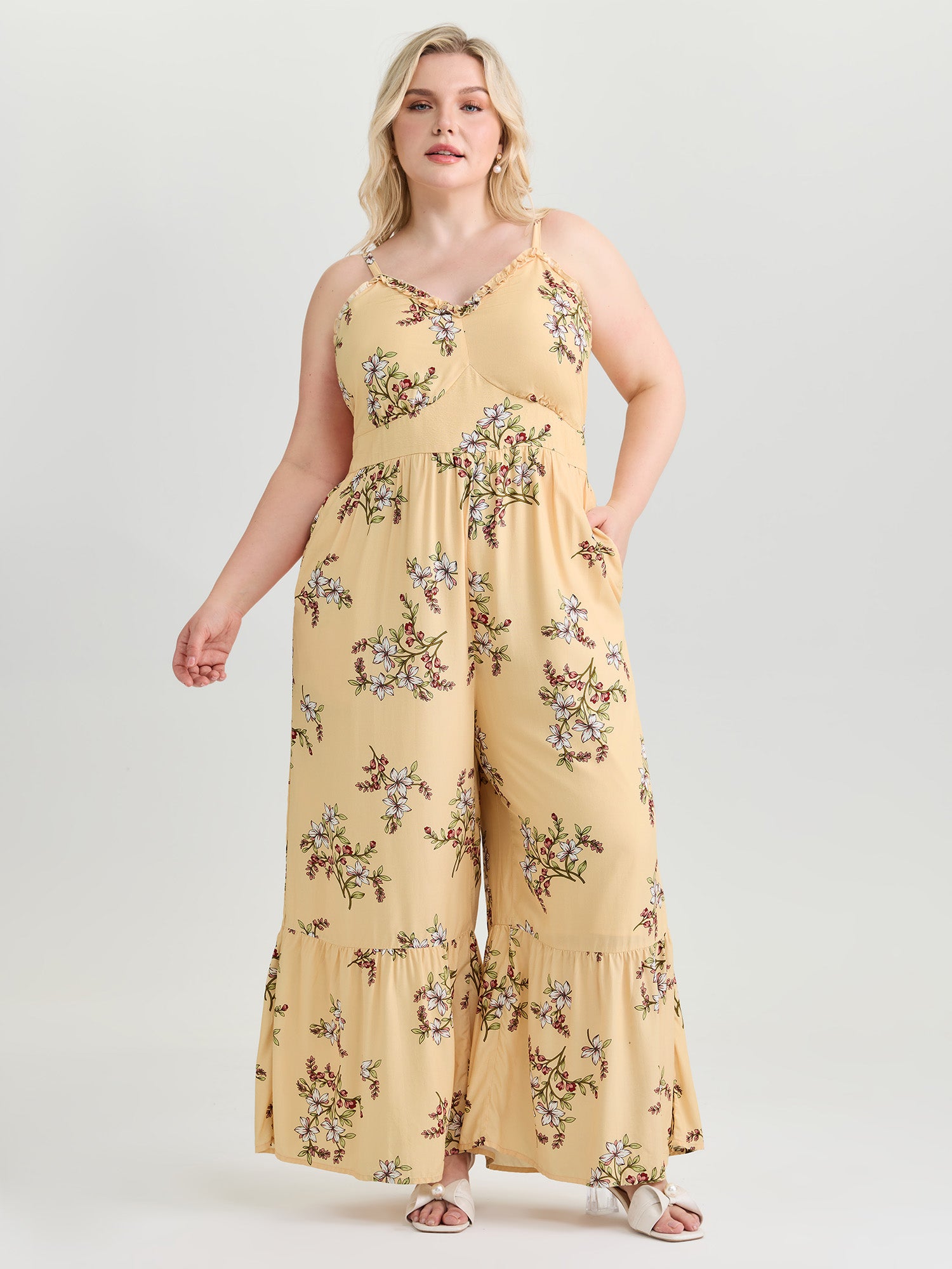 Floral Ruffled Neckline Cinched-Waist Jumpsuit