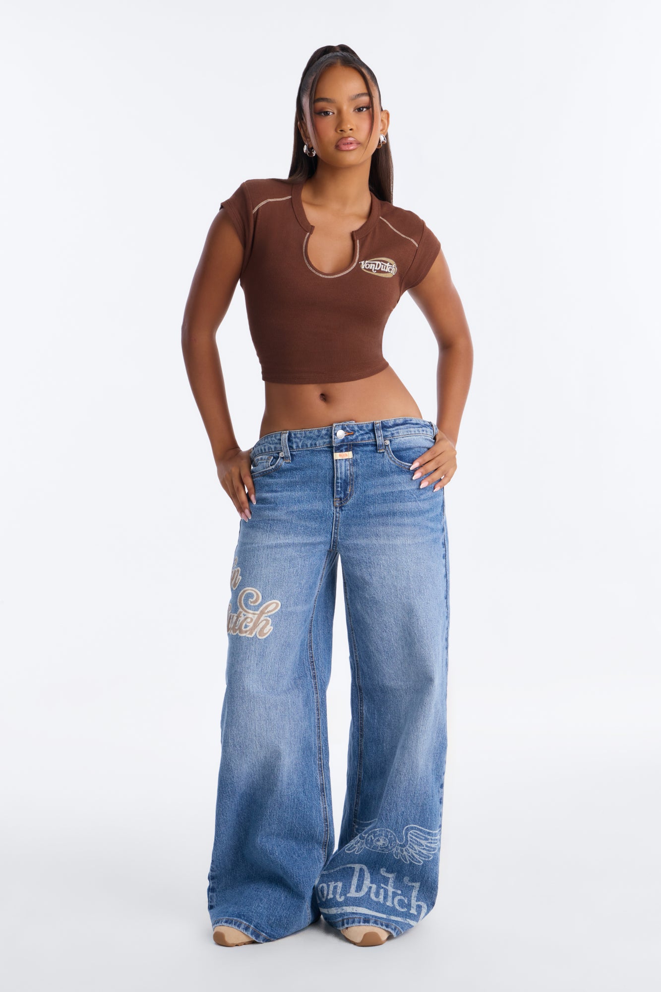 Von Dutch Originals Printed Wide Leg Jeans - Medium Wash