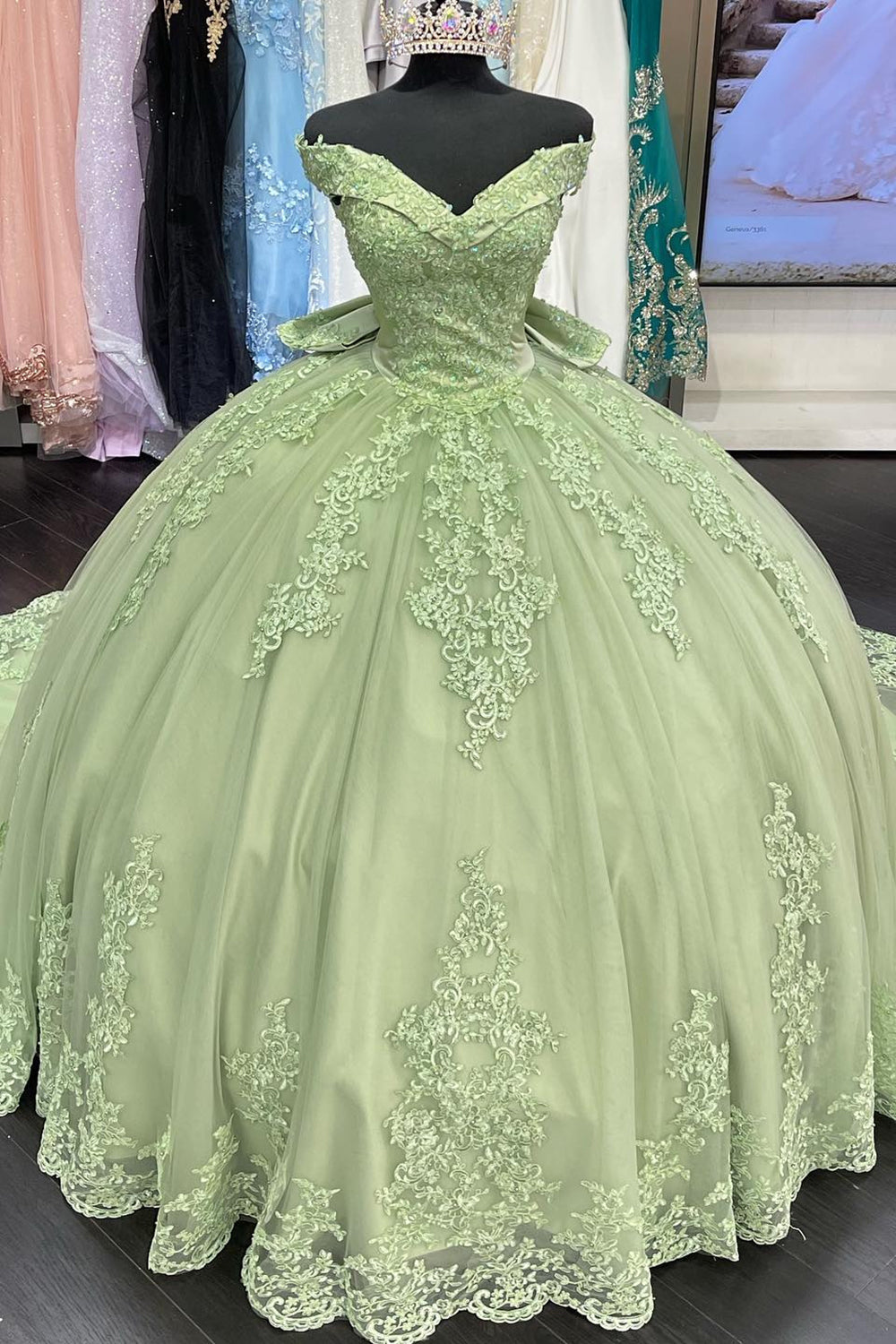 Princess Quinceanera Dress in Green with Off-Shoulder Applique and Tulle Bow