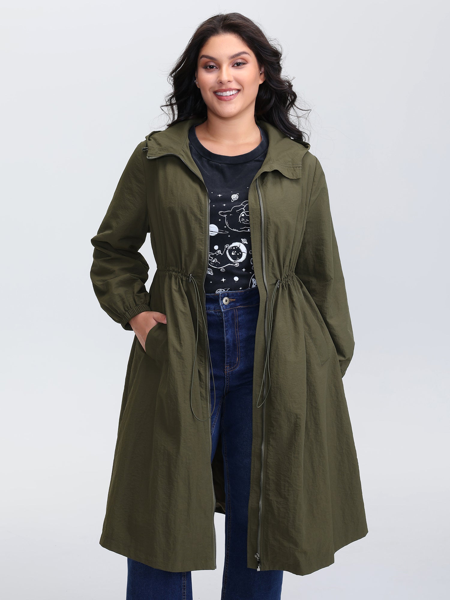 Adjustable Drawstring Waist Pockets Hooded Jacket