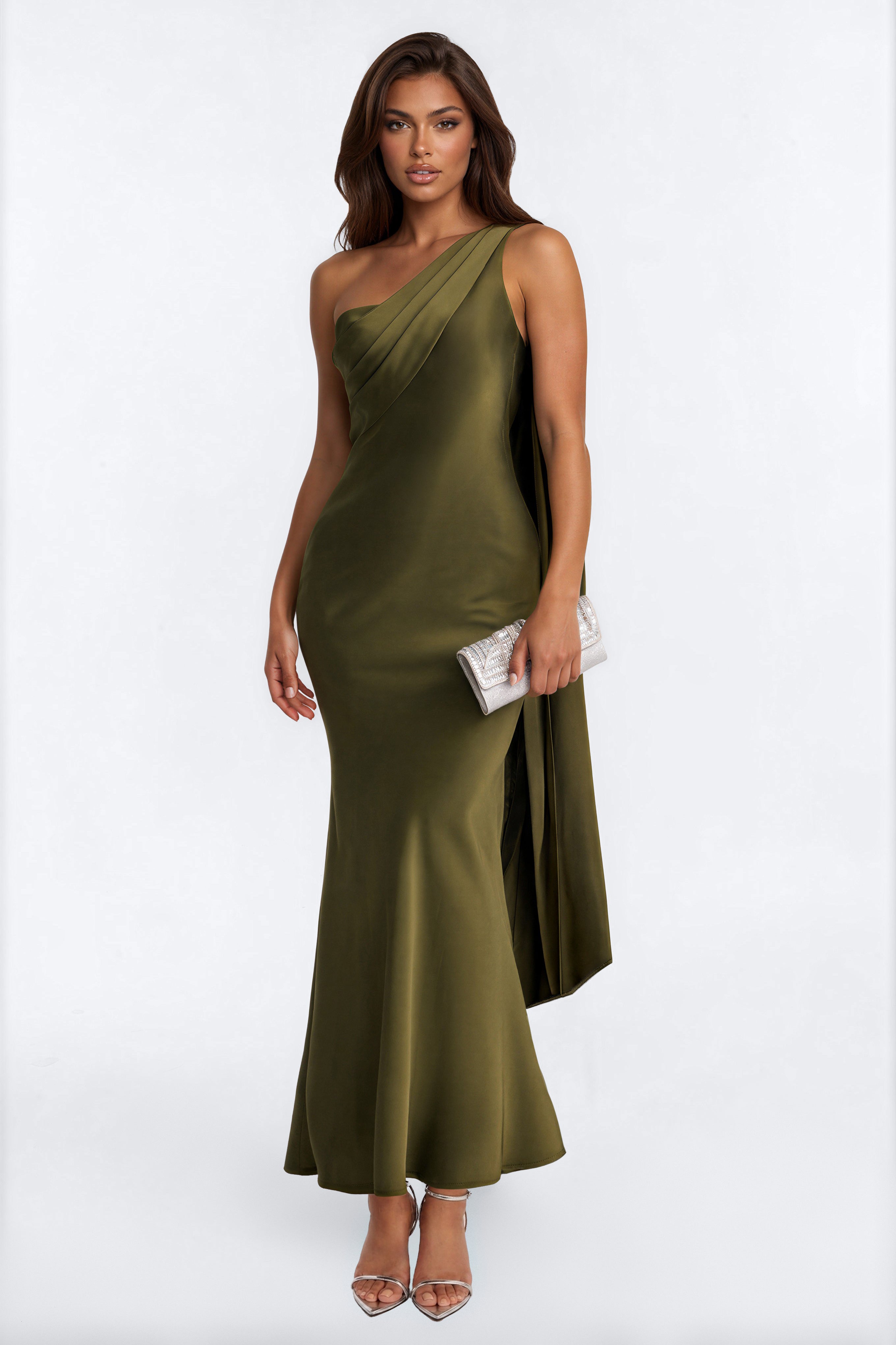 Leslie Satin One Shoulder Maxi Dress - Olive