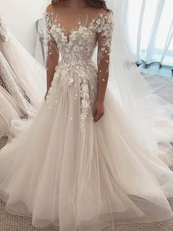 Elegant A-Line Long Sleeves Tulle Wedding Dresses with Appliques