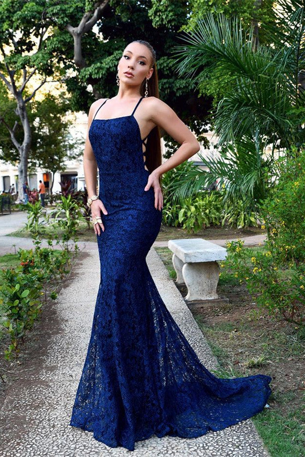 Navy Blue Mermaid Lace Evening Dress