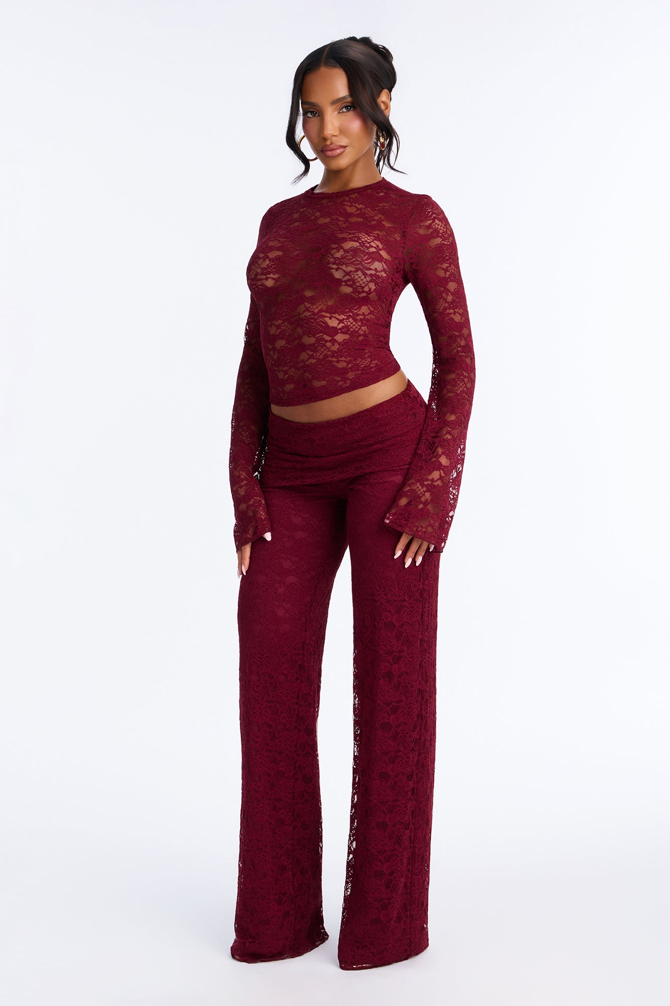 Lust In Lace Foldover Pant Set - Burgundy