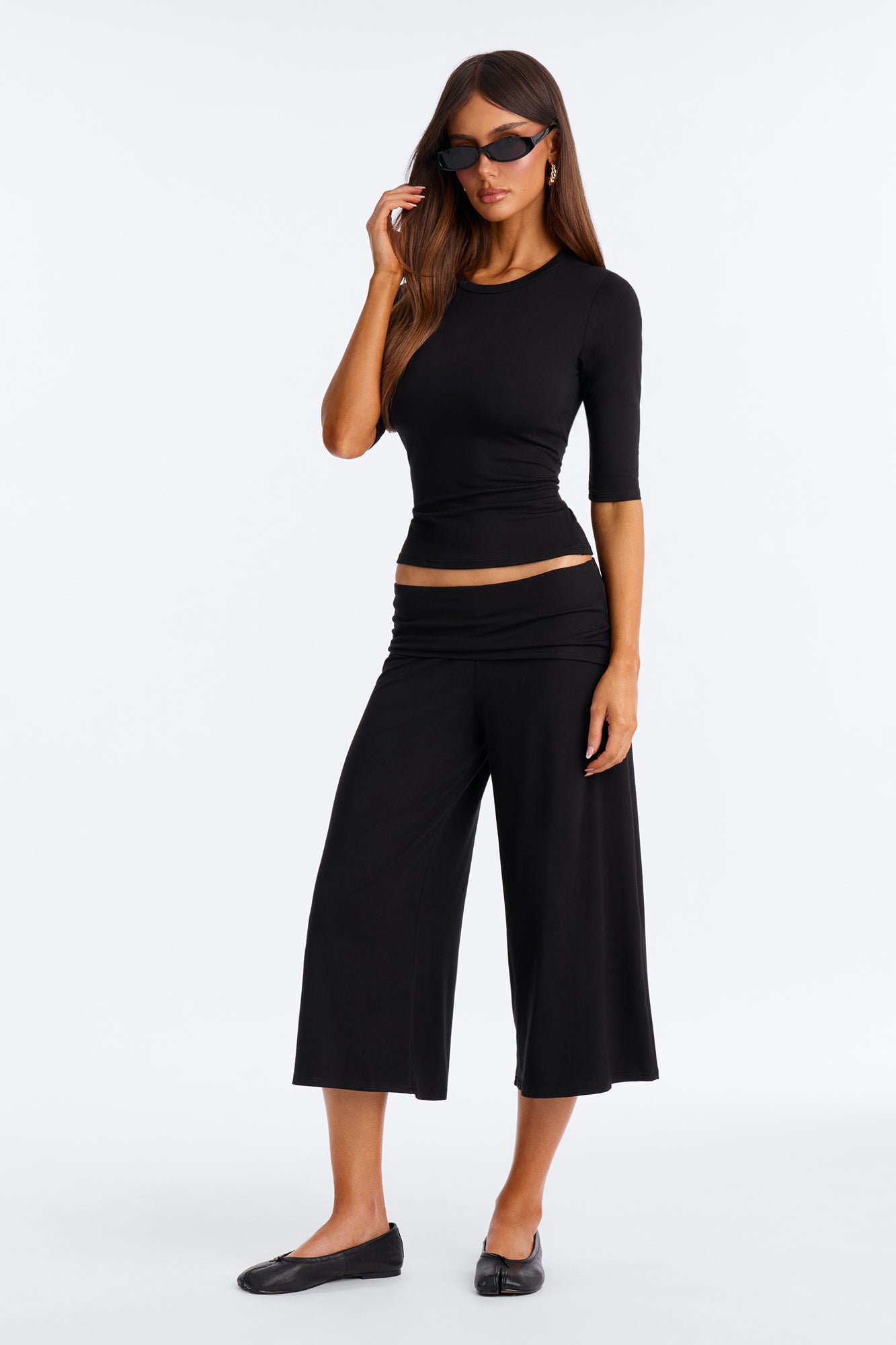 Kyla Foldover Gaucho Pant Set - Black