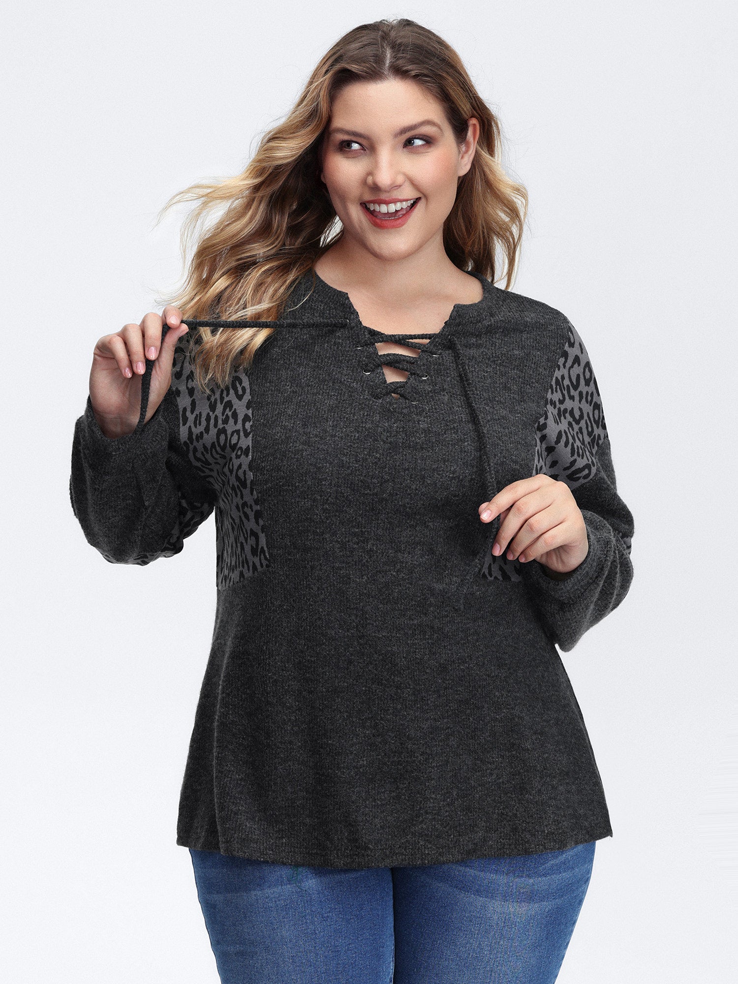 Leopard Print Patchwork Cross-Tie Neckline Sweatshirt