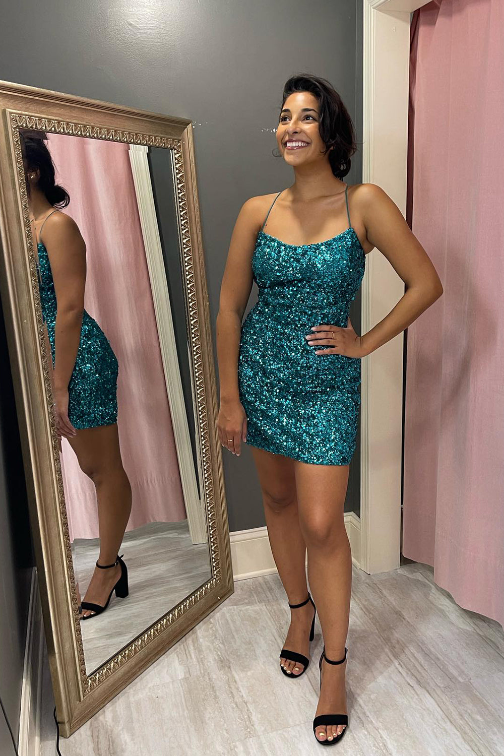 Sparkly Turquoise Sequined Tight Short Homecoming Dress/Mini Dress
