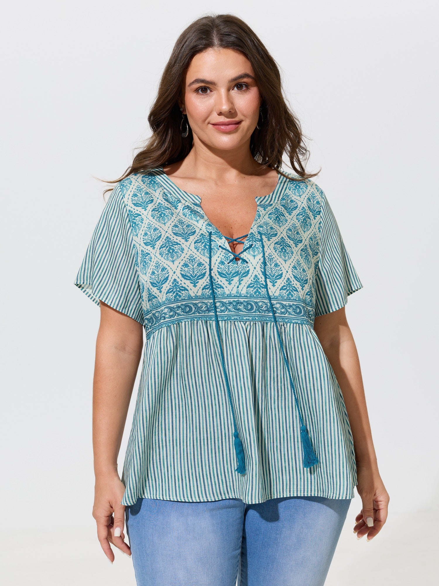 Boho Striped Print Tassel Tie Blouse