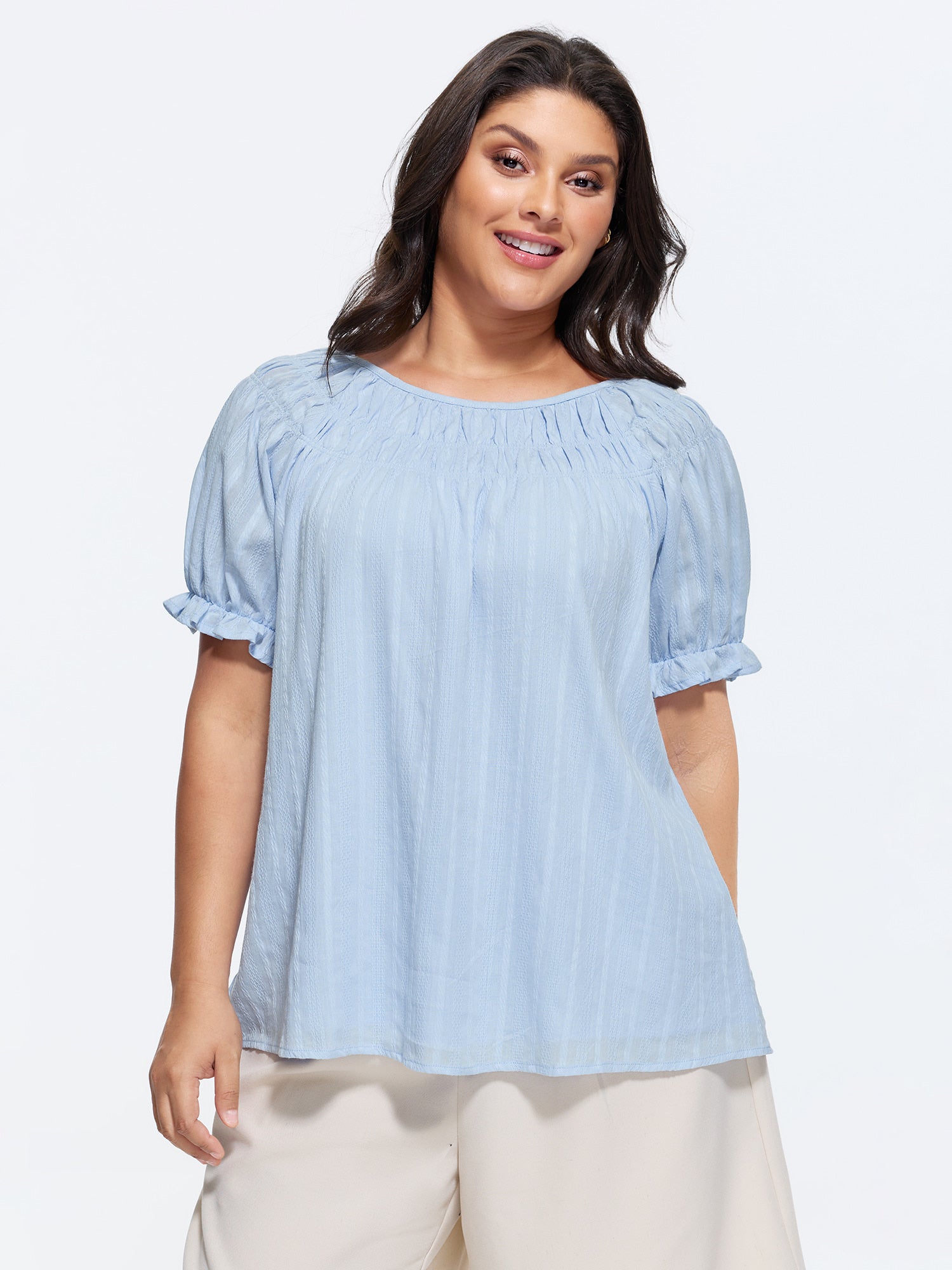 Cotton Pleated Neckline Stretchy Cuff Sleeve Blouse