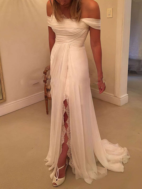 Gorgeous Column Off-The-Shoulder Chiffon Sweep Train Wedding Dresses with Split