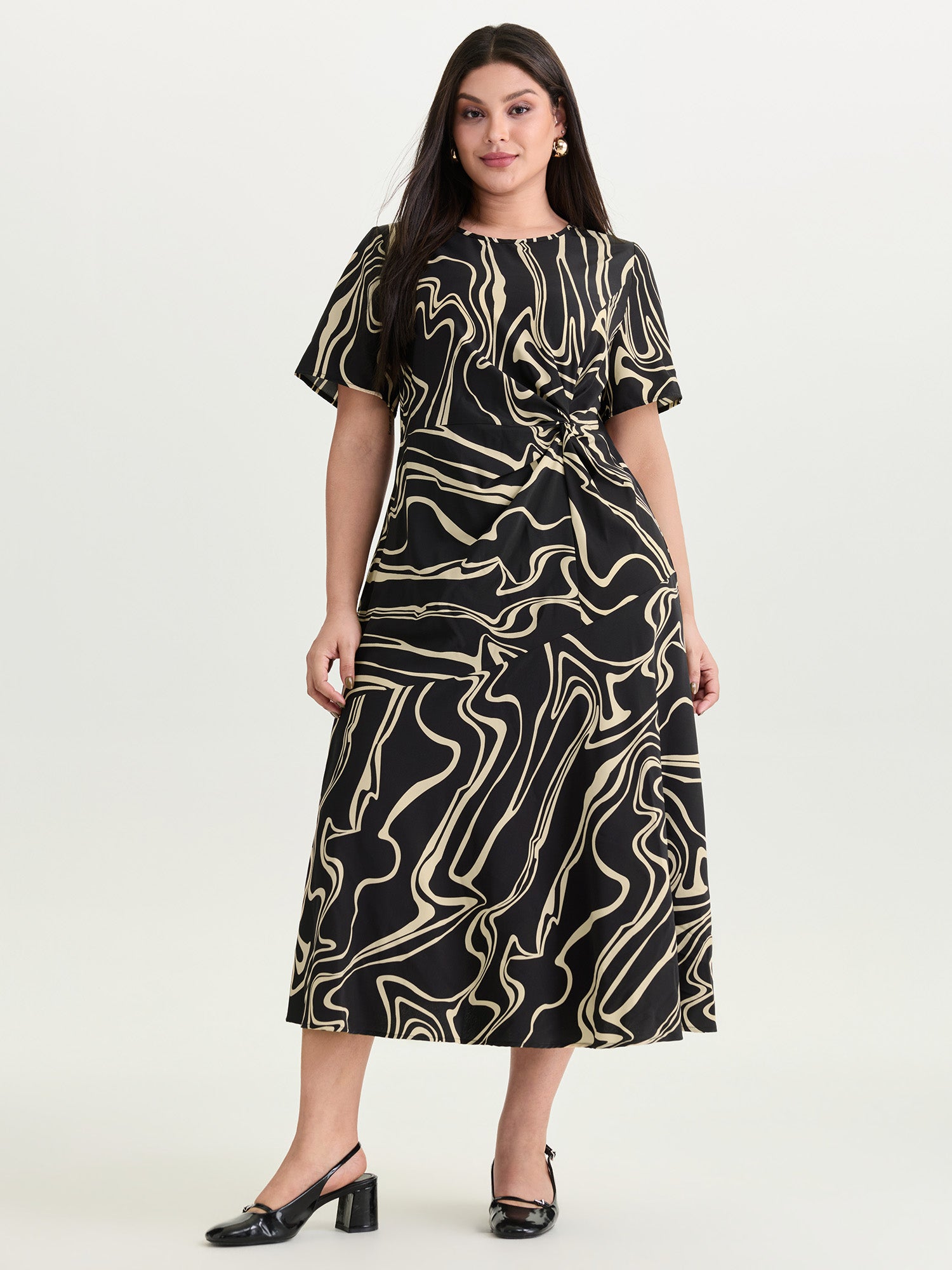 Abstract Print Knotted Side Midi Dress