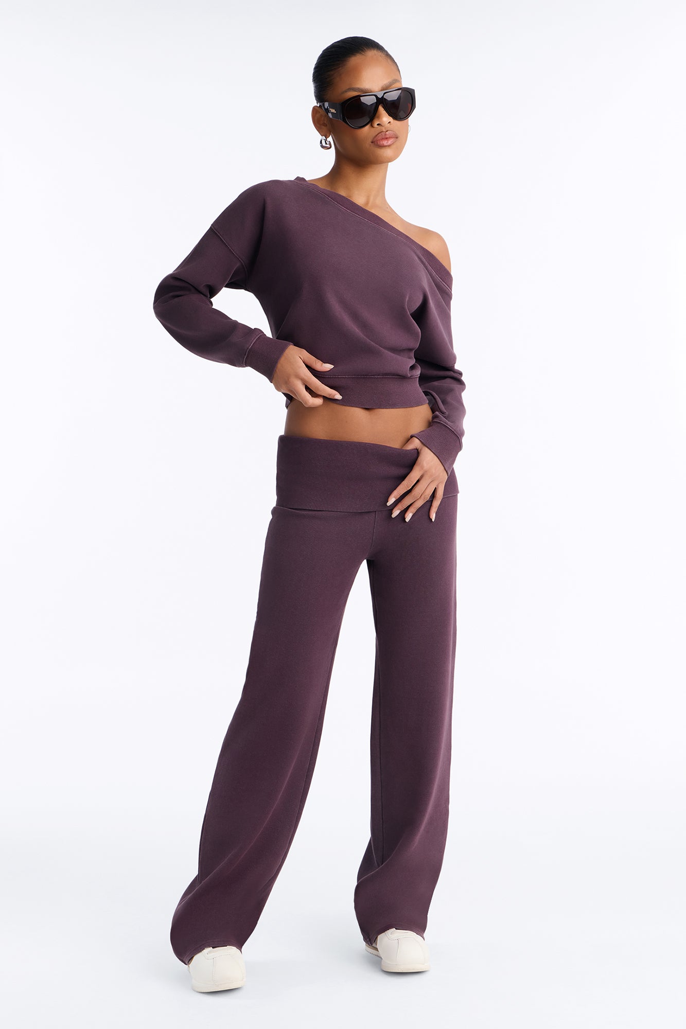 Alexis Washed Waistband Foldover Pant Set - Eggplant