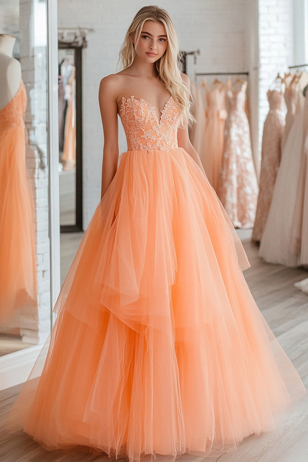 Long Strapless Prom Dress in Orange with A-Line Tulle Ruffles and Appliques