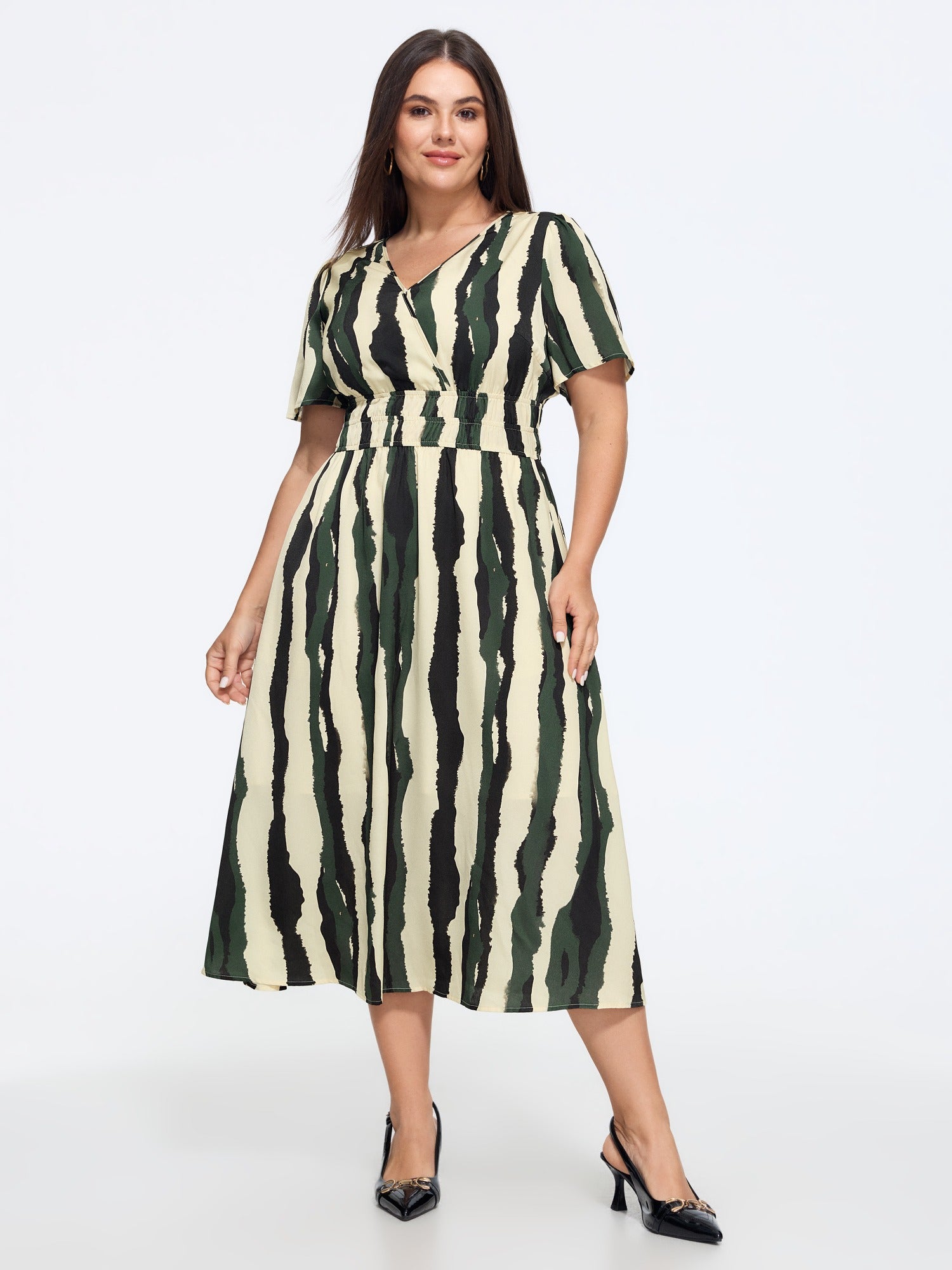 Stripe Print Wrap Neck Shirred Waist Midi Dress