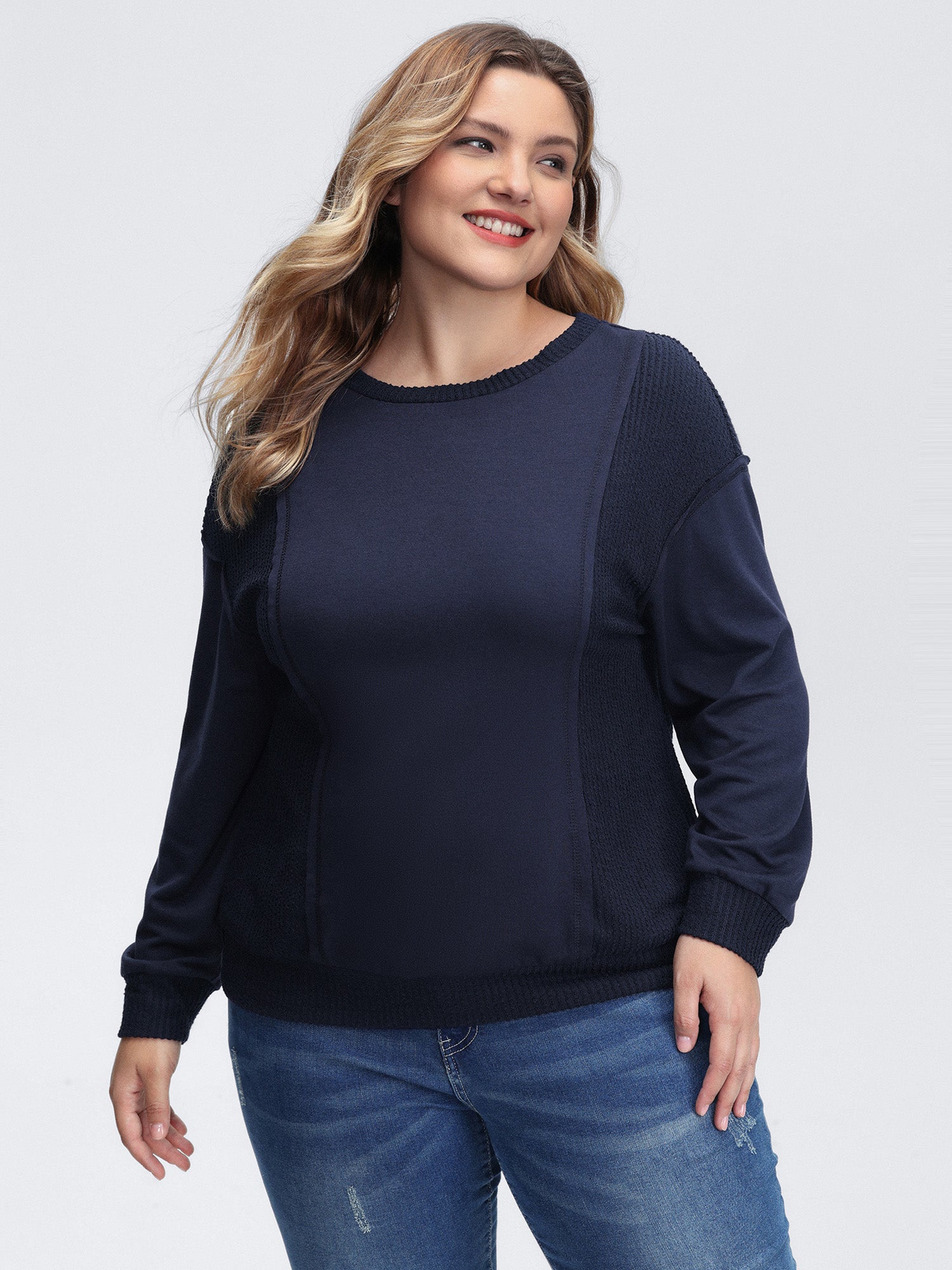 Crew Neck Textured Patchwork Sweatshirt