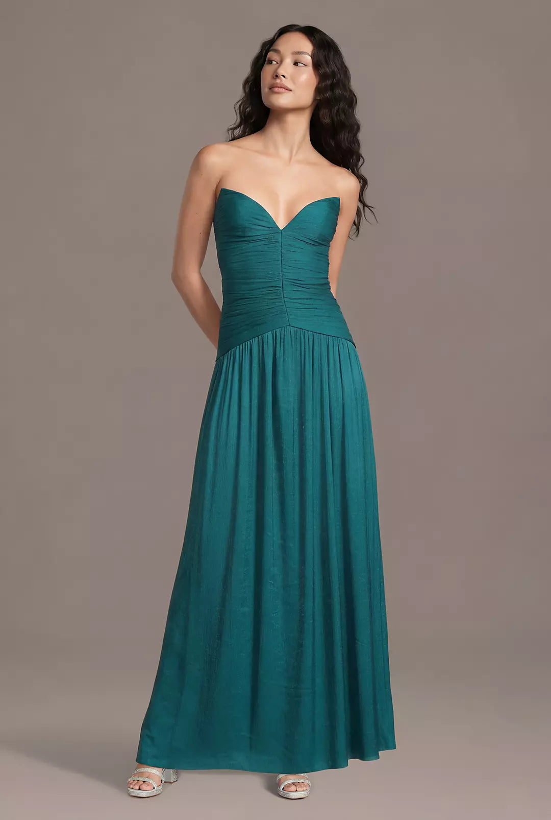 Metallic Strapless Ruched Bodice Drop Waist Dress