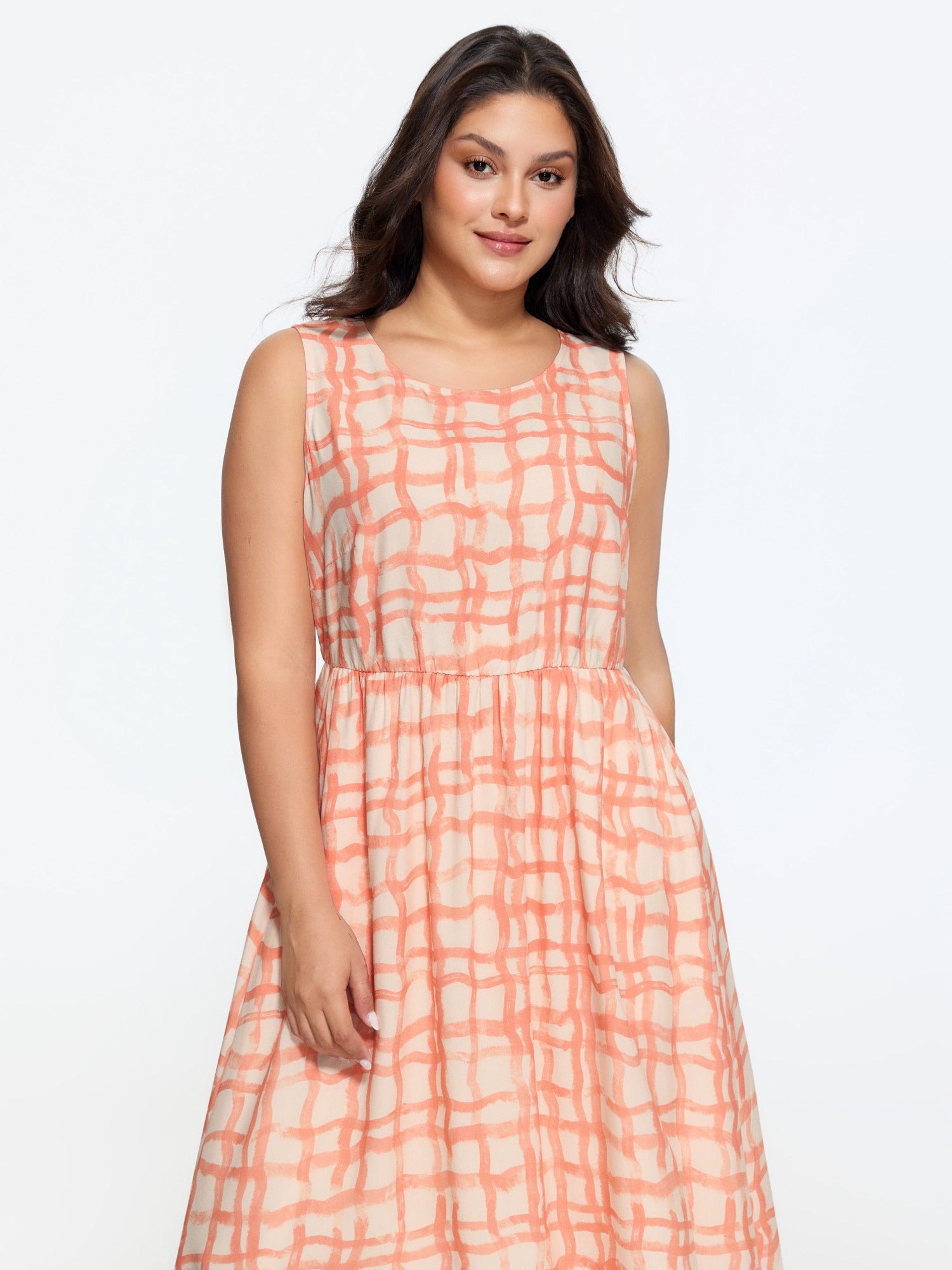 Supersoft Grid Print Round Neck Sleeveless Midi Dress