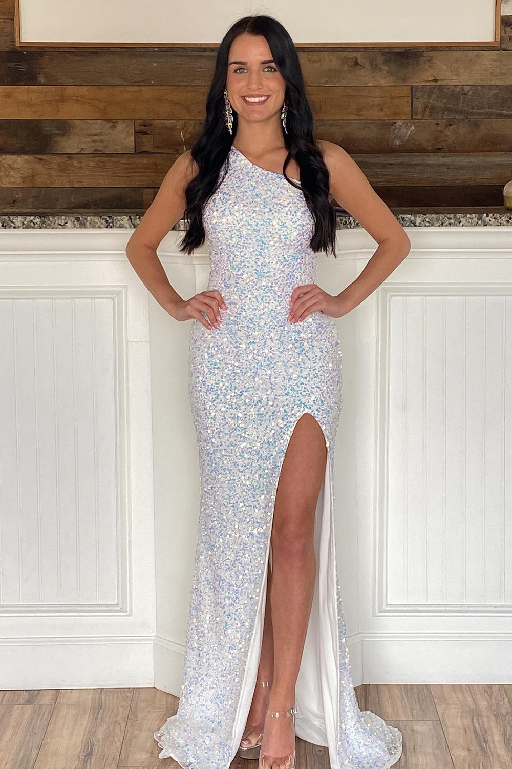 White Sequined Long Prom Gown with One Shoulder and Front Slit