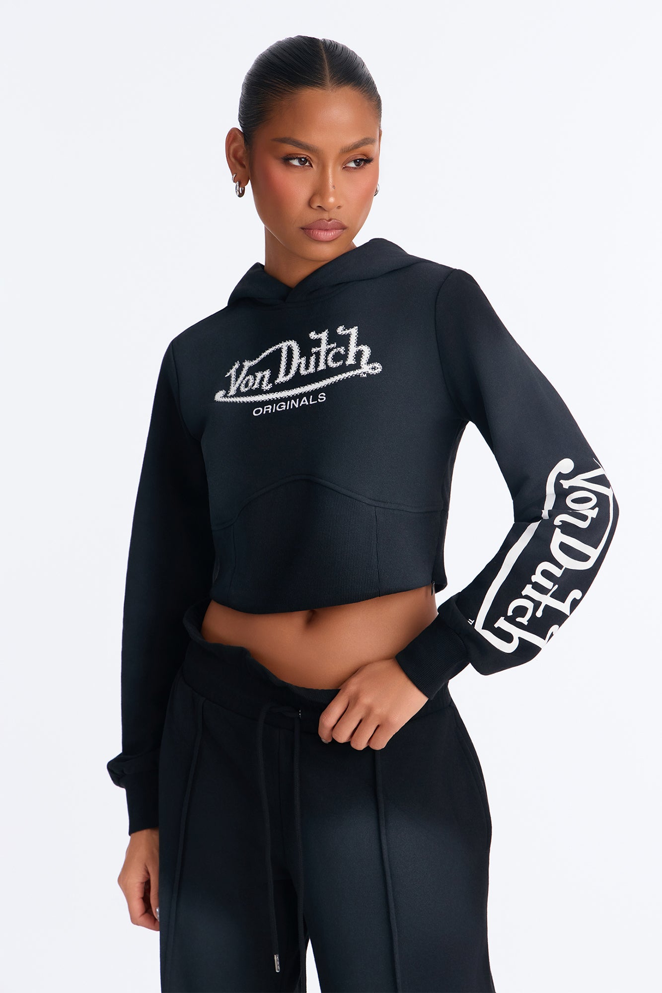 Von Dutch Black Studded Washed Cropped Hoodie - Black
