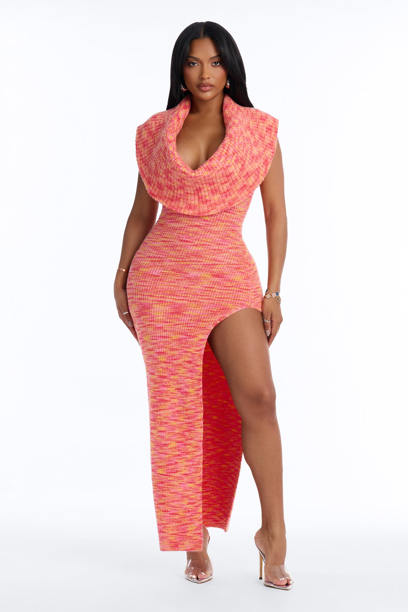 Sweet Talk Cowl Neck Sleeveless Maxi Sweater Dress - Pink/combo