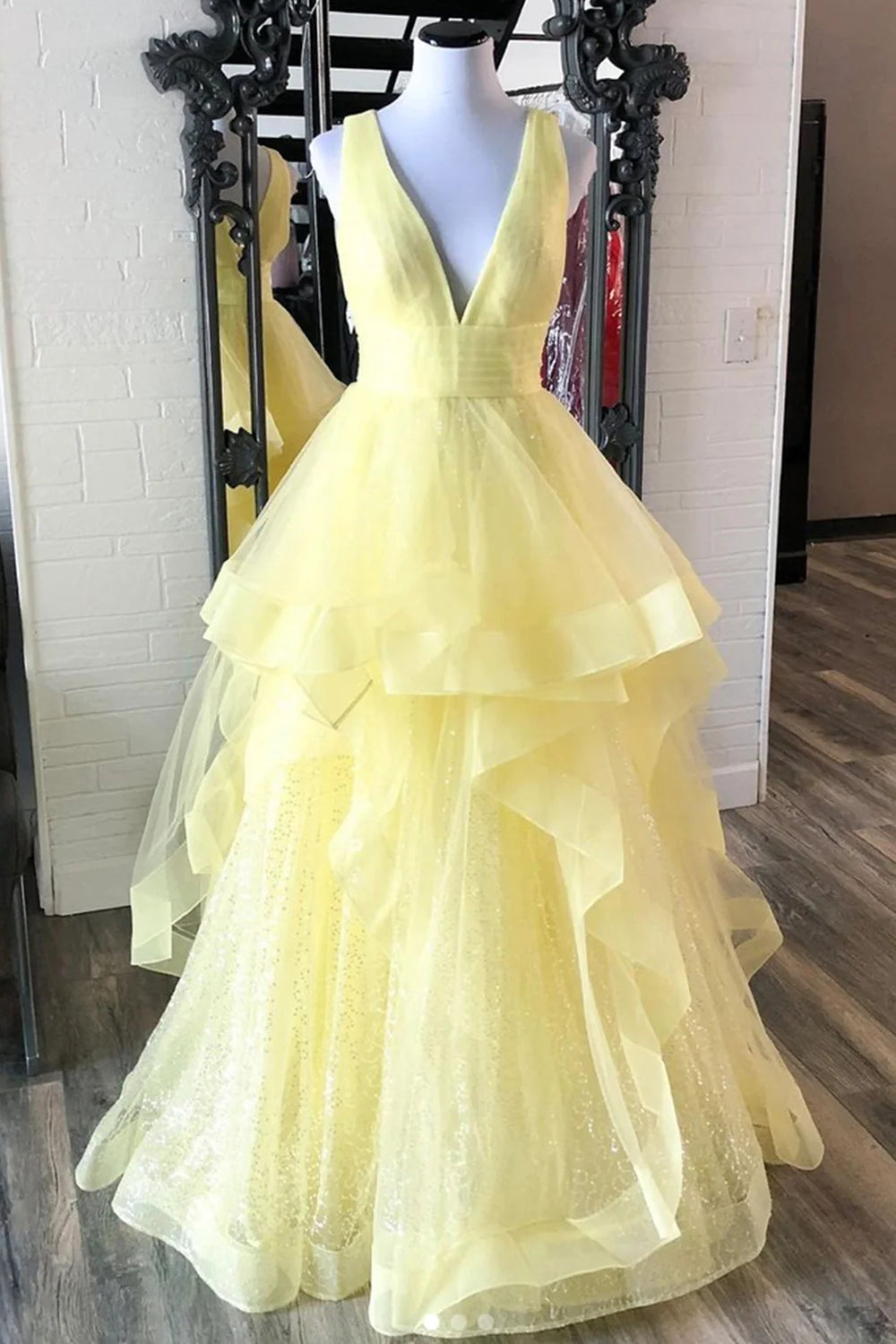 Light Yellow Long Prom Dress with Deep V Neckline and Ruffles in A-Line Style