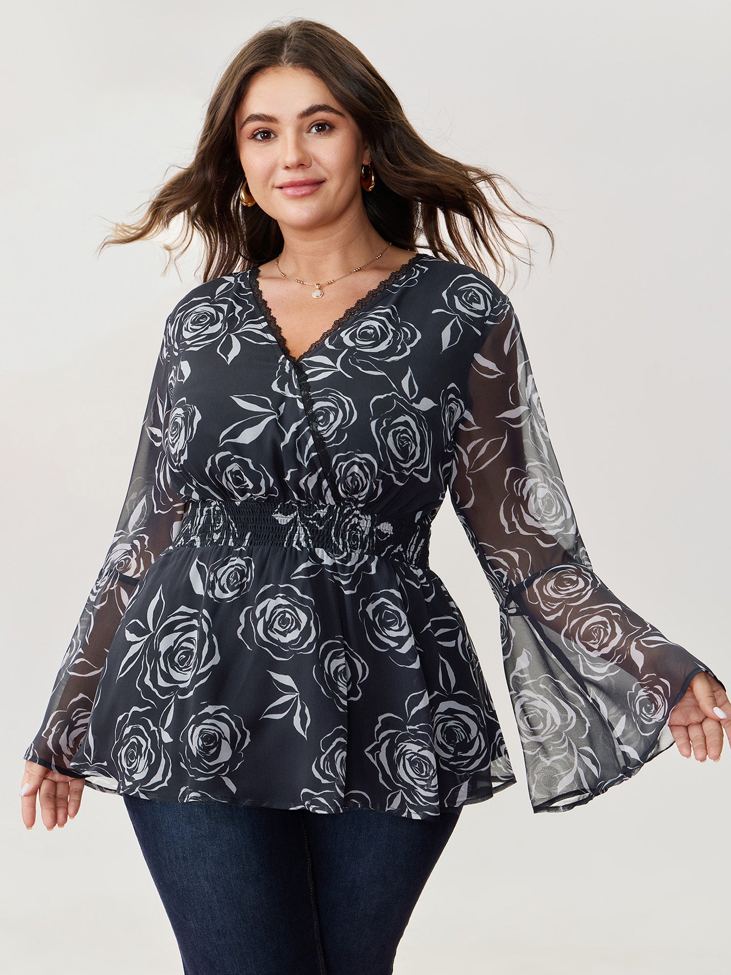 Rosy Romance Cinched Flared Blouse