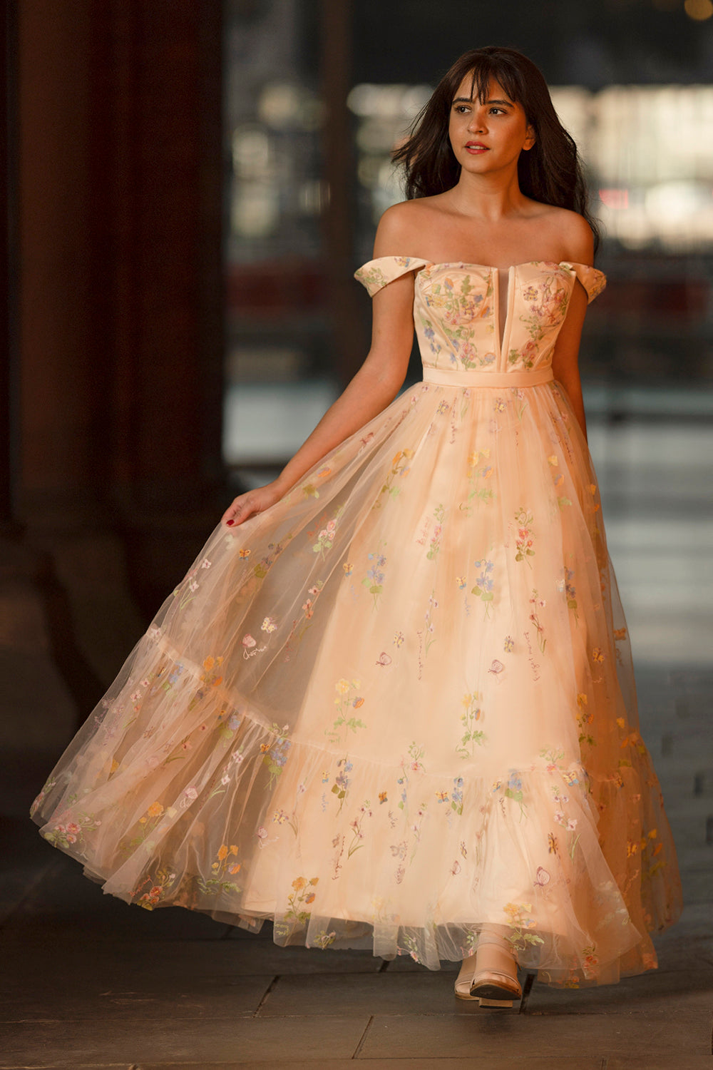 Champagne Long Prom Dress with Sweetheart Neckline and Princess A-Line Embroidery