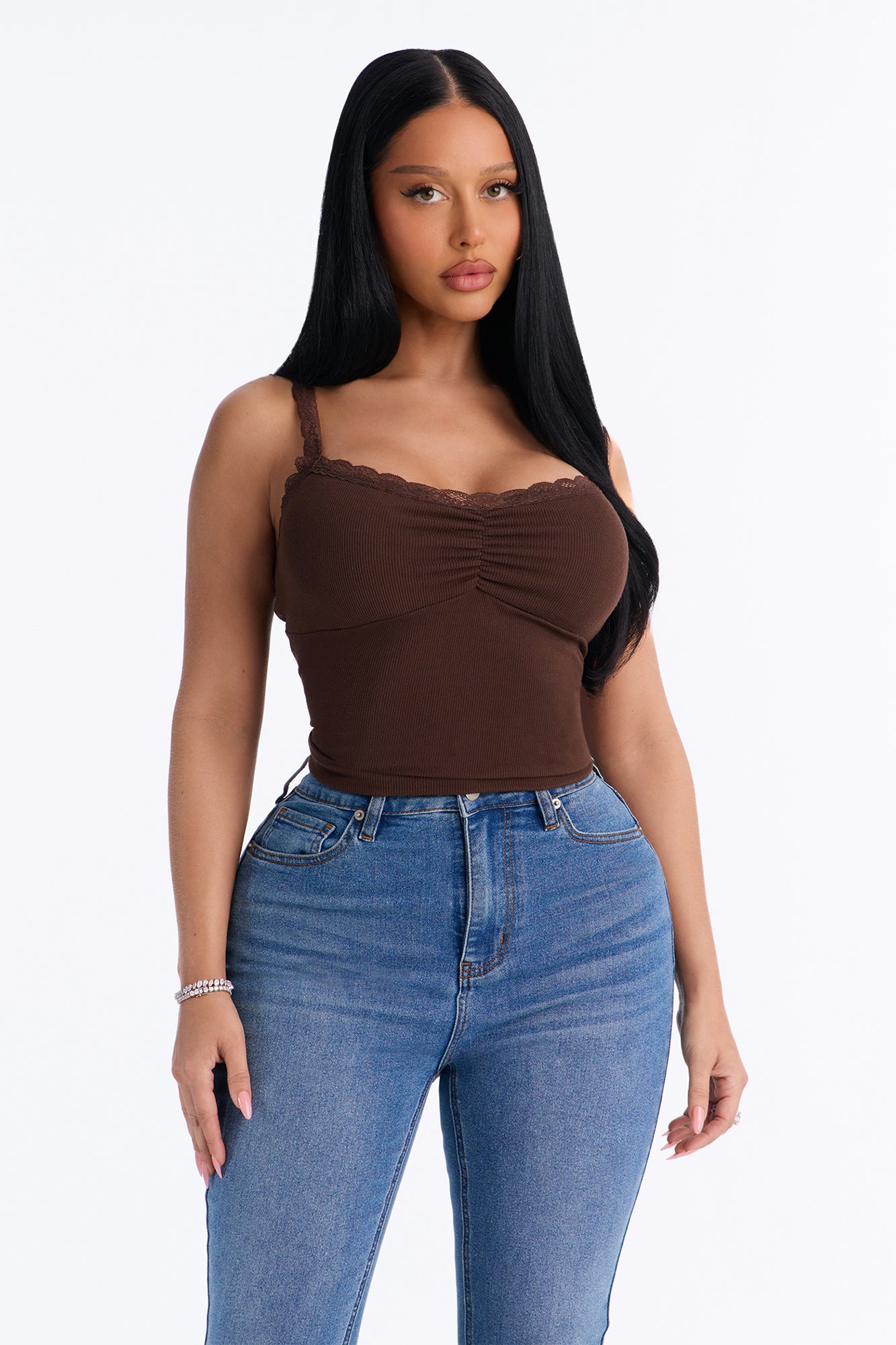 Francesca Ruched Lace Trim Cami Top - Chocolate